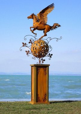 Casa Padrino Skulptur Luxus Stahl Garten Skulptur Pegasus Pferd auf Säule Rostfarben 103 x 108 x H. 218 cm - Handgefertigte Wetterbeständige Garten Dekoration