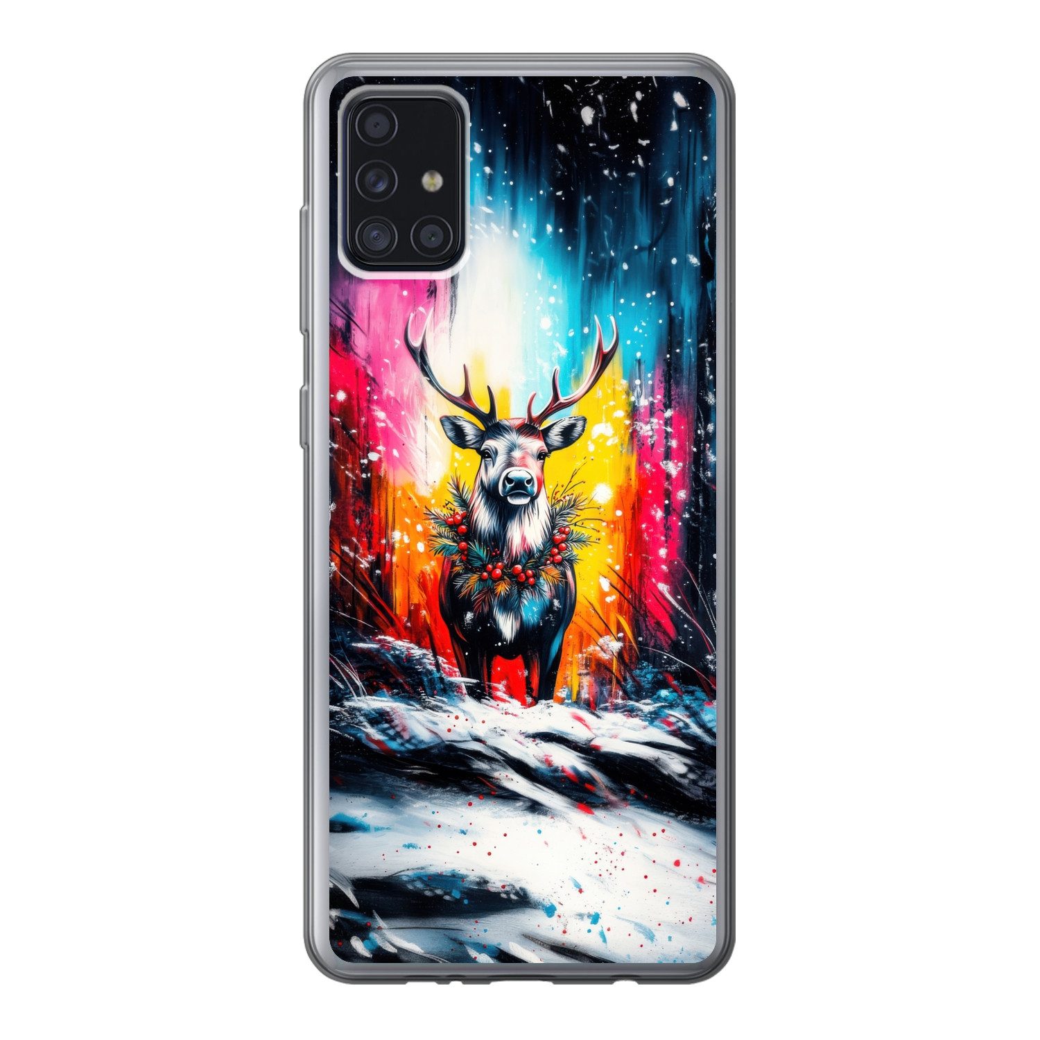 MuchoWow Handyhülle für Samsung Galaxy A52 5G Rentier - Geweih - Kranz - Farbenfroh, Smartphone-Bumper, Print, Handy Schutzhülle Dünn