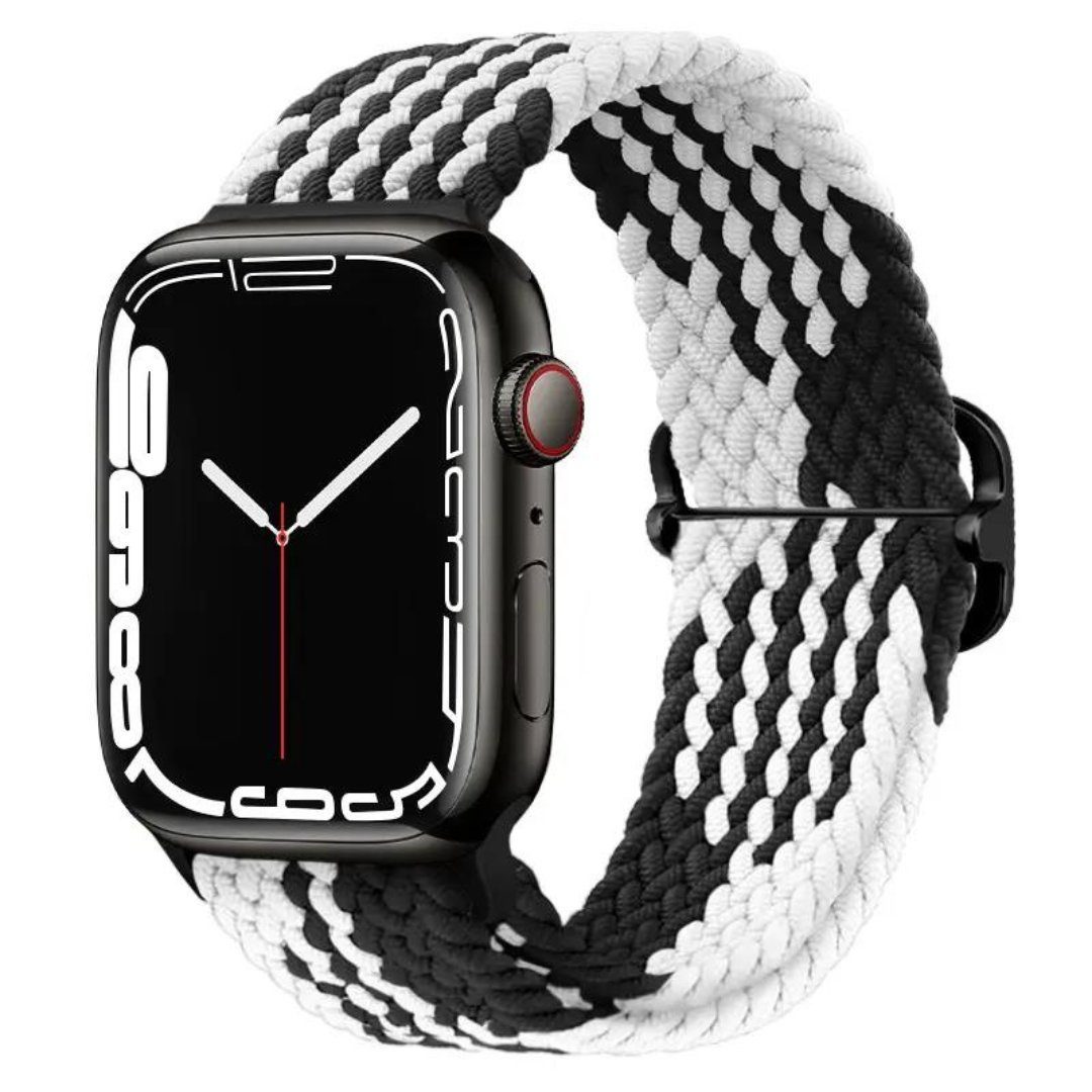 SmartUP Uhrenarmband Geflochtenes Solo Loop Armband für Apple Watch 1-9 / Ultra, Uhrenarmband mit verstellbaren Magnetverschluss #13 Schwarz-Weiß
