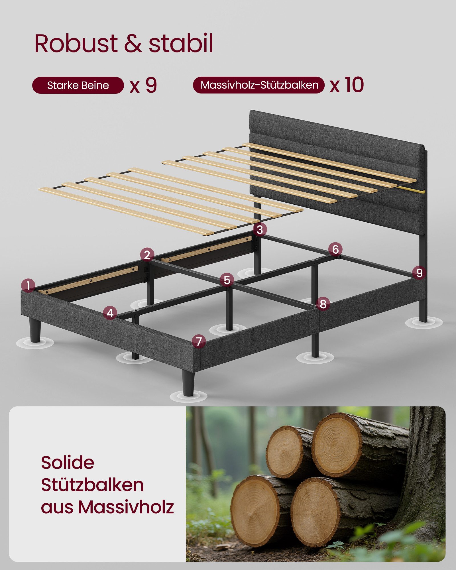 VASAGLE Polsterbett (140 x 200 cm, geräuscharm, mit Lattenrost und verstellbarem Kopfteil), Bettgestell, hochtragfähig, robust, in 3 Größen verfügbar