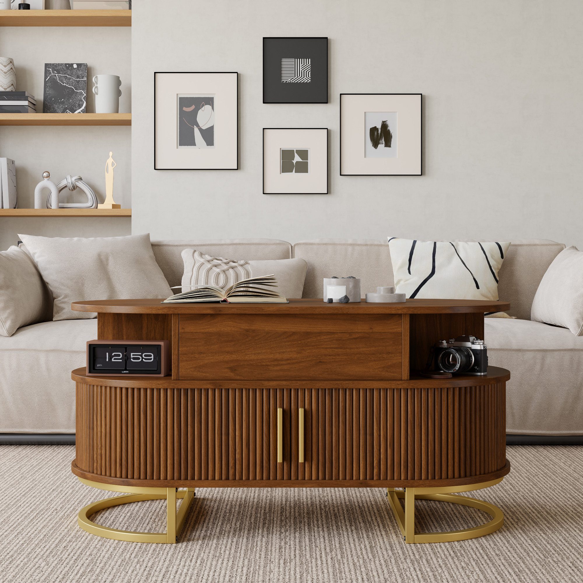 Merax Couchtisch oval Sofatisch anhebbarer Beistelltisch mit Liftfunktion im Holzoptik (100 L x 50 B x 64 H cm, 1-St), Wohnzimmertisch mit verstecktem Stauraum, – Bild 2 von 5