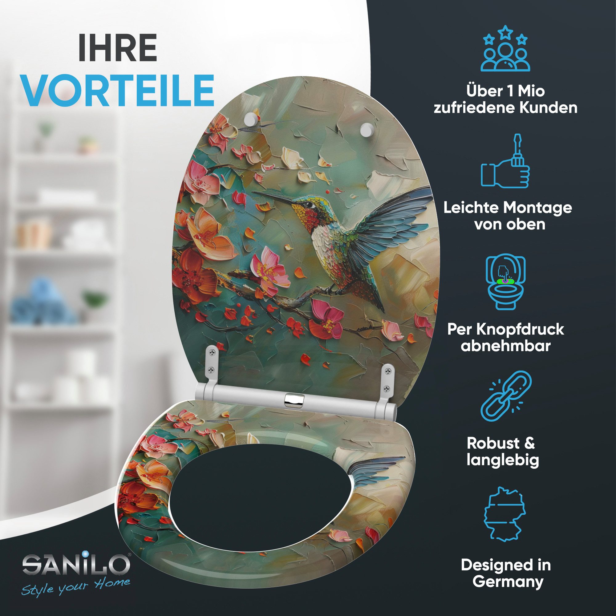 Sanilo WC-Sitz mit Absenkautomatik & Top Fix in vielen Designs, hochwertig, abnehmbar, leichte Montage von oben, mit Schraubenzieher