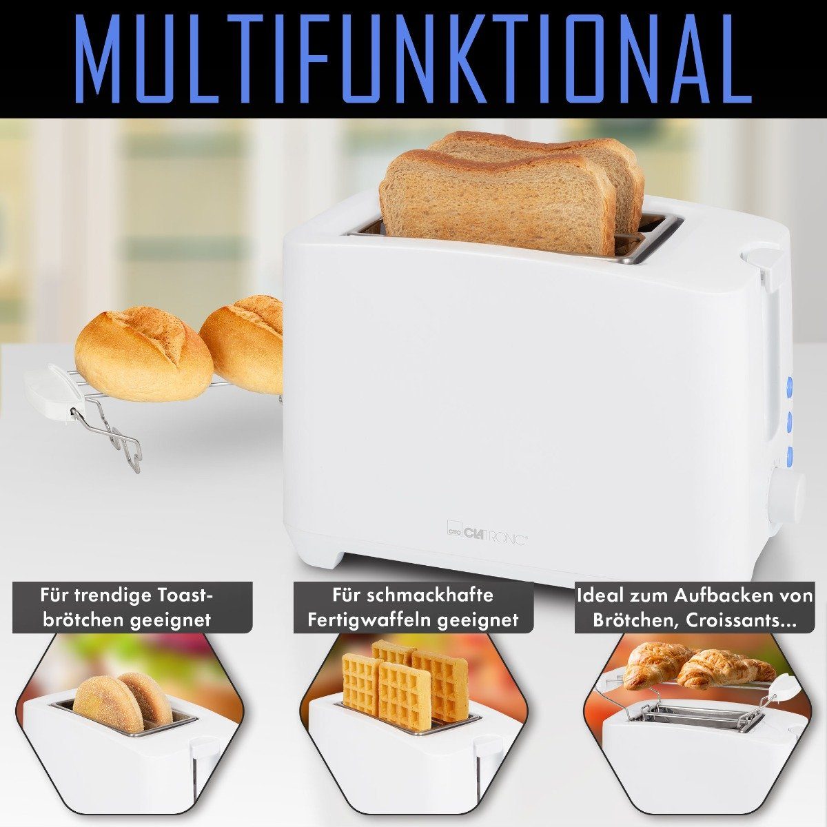 Toaster weiß CLATRONIC 3801, Auftau-/Aufwärm-/Schnellstoppfunktion TA mit