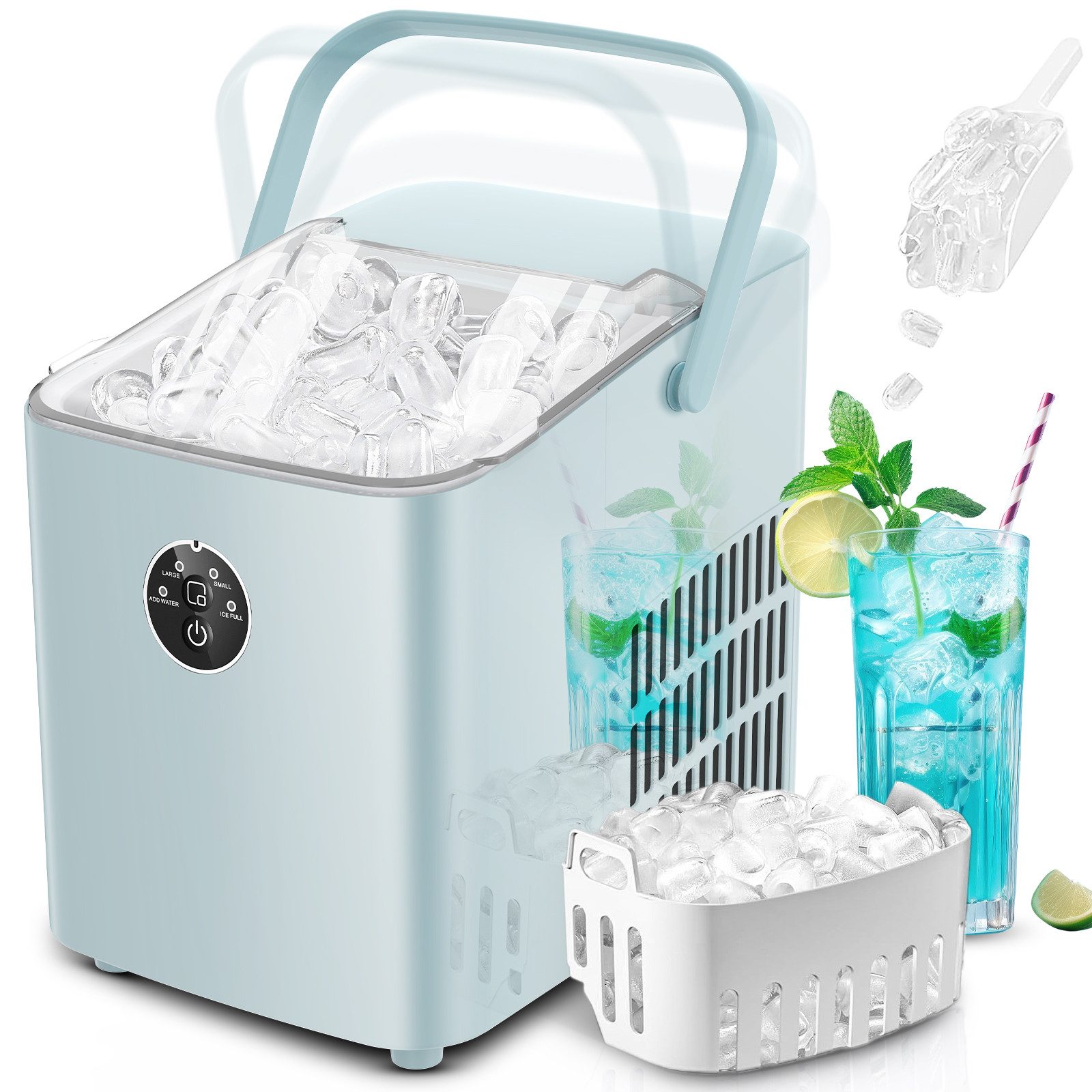 FOHERE Eiswürfelmaschine Klein, 14kg/24h, 6 Min. Eis, 2 Bullet Ice Größen, selbstreinigend, Party/Büro, blau