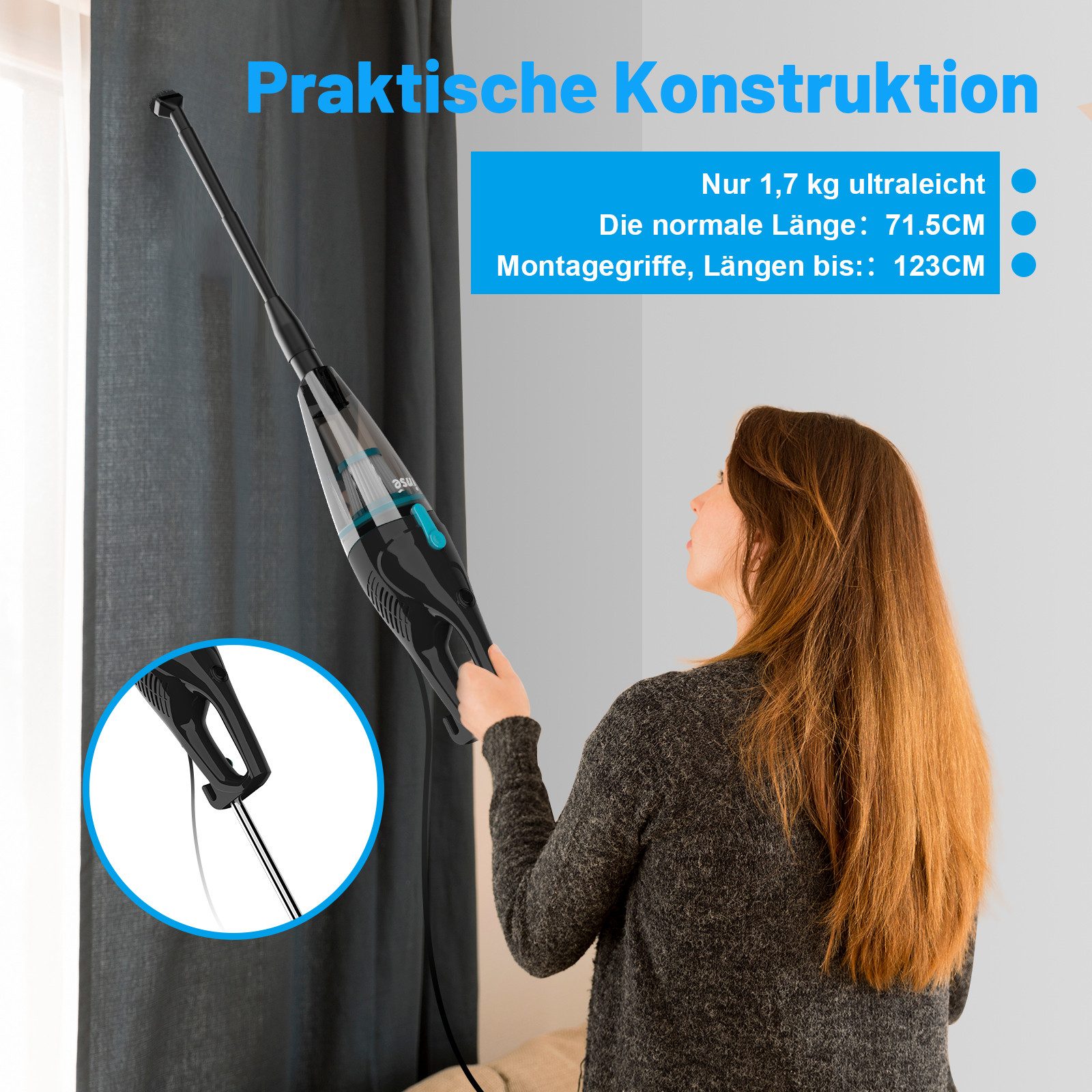 WHEELYOU Bürstsauger R3S 2-in-1 Stabstaubsauger – Kabelgebunden, stark & flexibel, 260 W, mit Beutel, 16 kPa Saugleistung, HEPA-Filter, 2-in-1 Handstaubsauger mit Zubehör