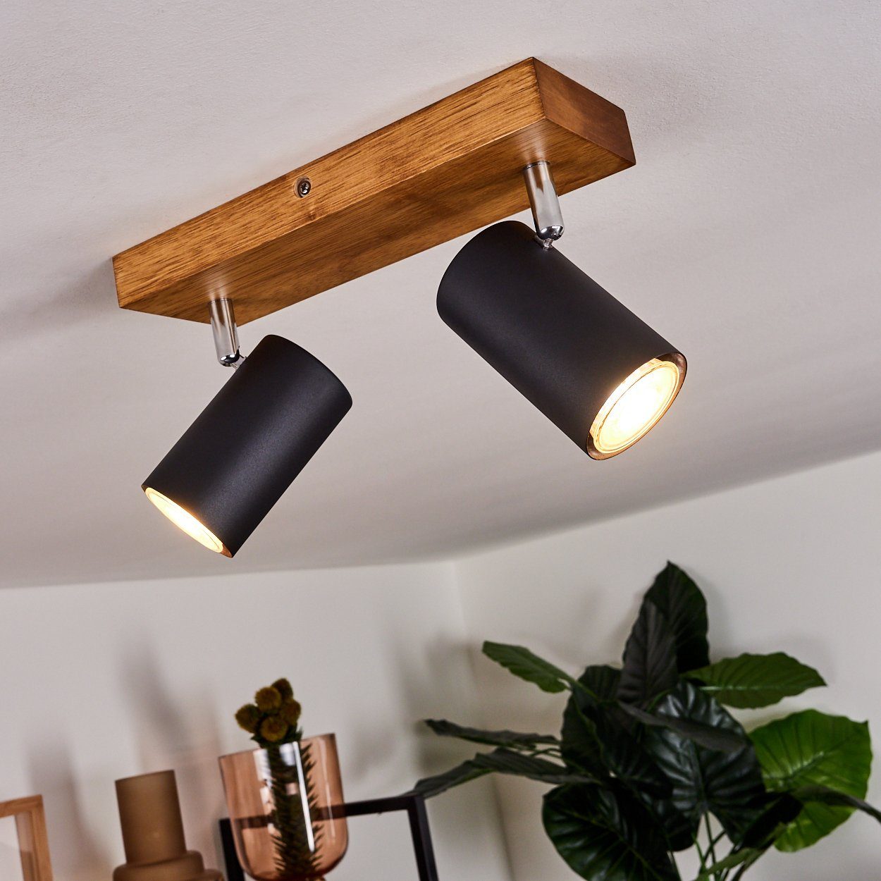 Deckenleuchte Deckenlampe und Leuchtmittel, Leuchtenköpfe ohne GU10 hofstein dreh-/schwenkbar, aus Zimmerlampe, sind in »Godo« Holz, schwarz Metall