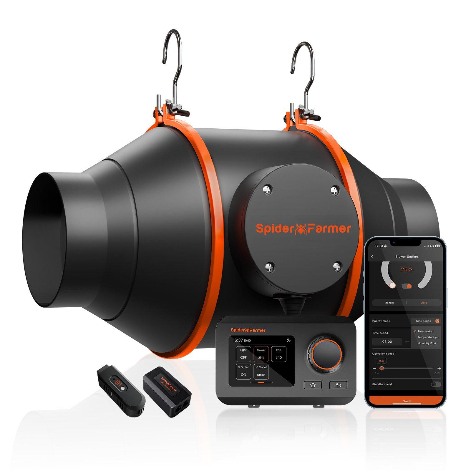 Spider Farmer Radialventilator Spider Farmer Abluftventilator mit GGS-Controller, 100 mm Inline-Lüfter mit Temperatur- und Feuchtigkeitssteuerung