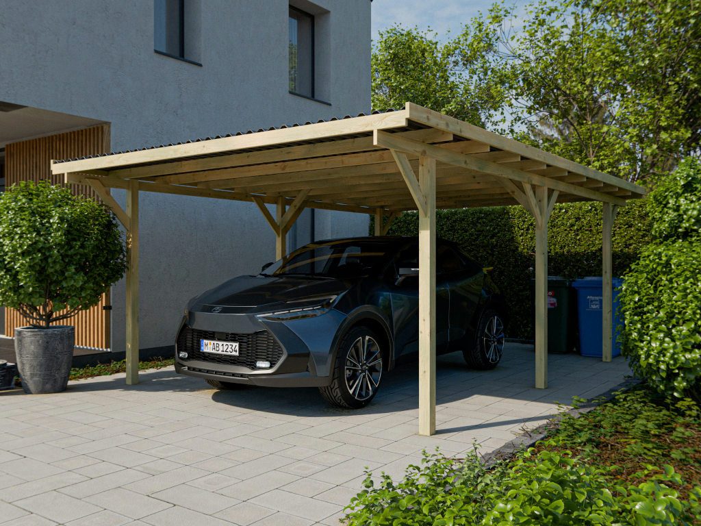 Woodtex Gartenhaus WOODTEX Carport, BxT: 400x500 cm, Blockbohlenhaus mit Flachdach, robustes Gerätehaus für den Garten