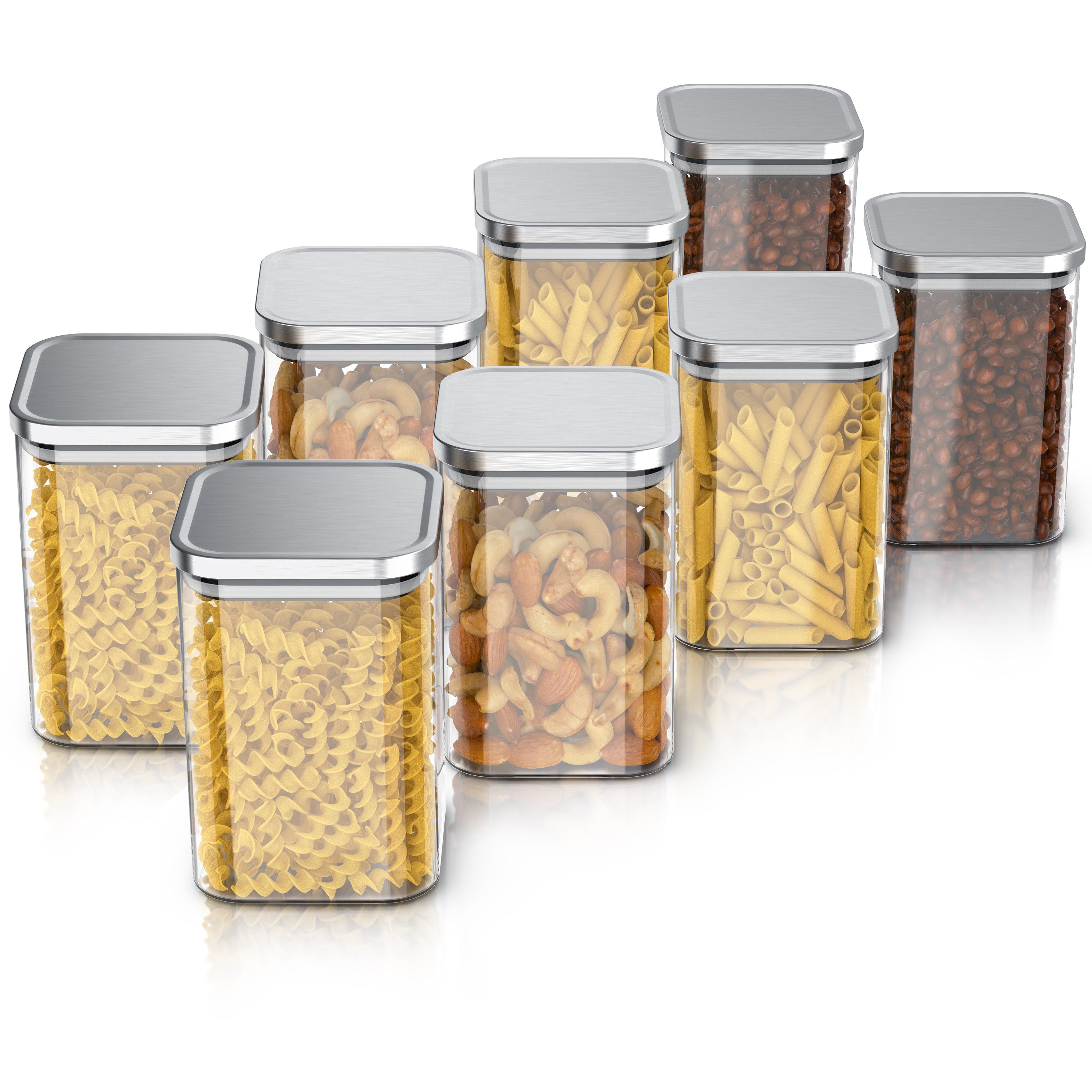 Arendo Aufbewahrungsbecher Glasbehälter-Set 8x 1,2 L Borosilikat quadratisch mit Edelstahldeckel, Borosilikatglas, Edelstahl, Silikon, (Vorratsbehälter-Set, 8-tlg., 8er Set), luftdicht, hitze & kältebeständig, Mikrowellen & spülmaschinengeeignet