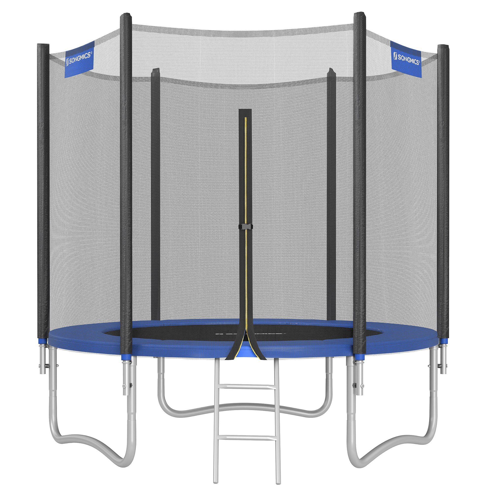 SONGMICS Gartentrampolin Trampolin Outdoor für Kinder, 180 cm hohe gerade Stangen, Stahl-Rahmen, Ø 244 cm, mit Sicherheitsnetz, Leiter, Sicherheitsabdeckung, sicher,Schwarz-Blau