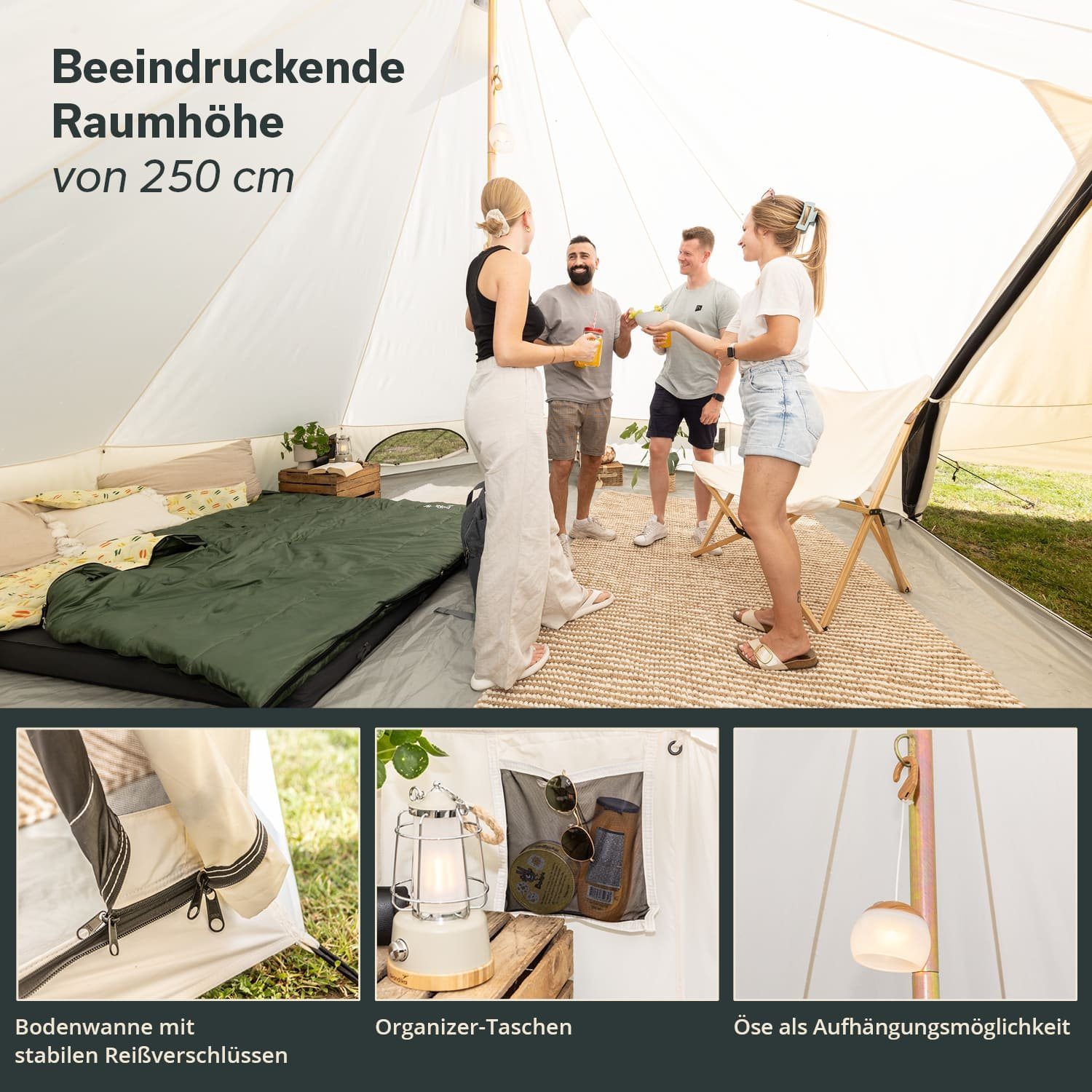 Skandika Tipi-Zelt Tipii 400 Technical Cotton, wasserdichtes Baumwollzelt, Campingzelt, 4000mm Wassersäule, Moskitonetz, eingenähter Zeltboden, 2,5m Stehhöhe