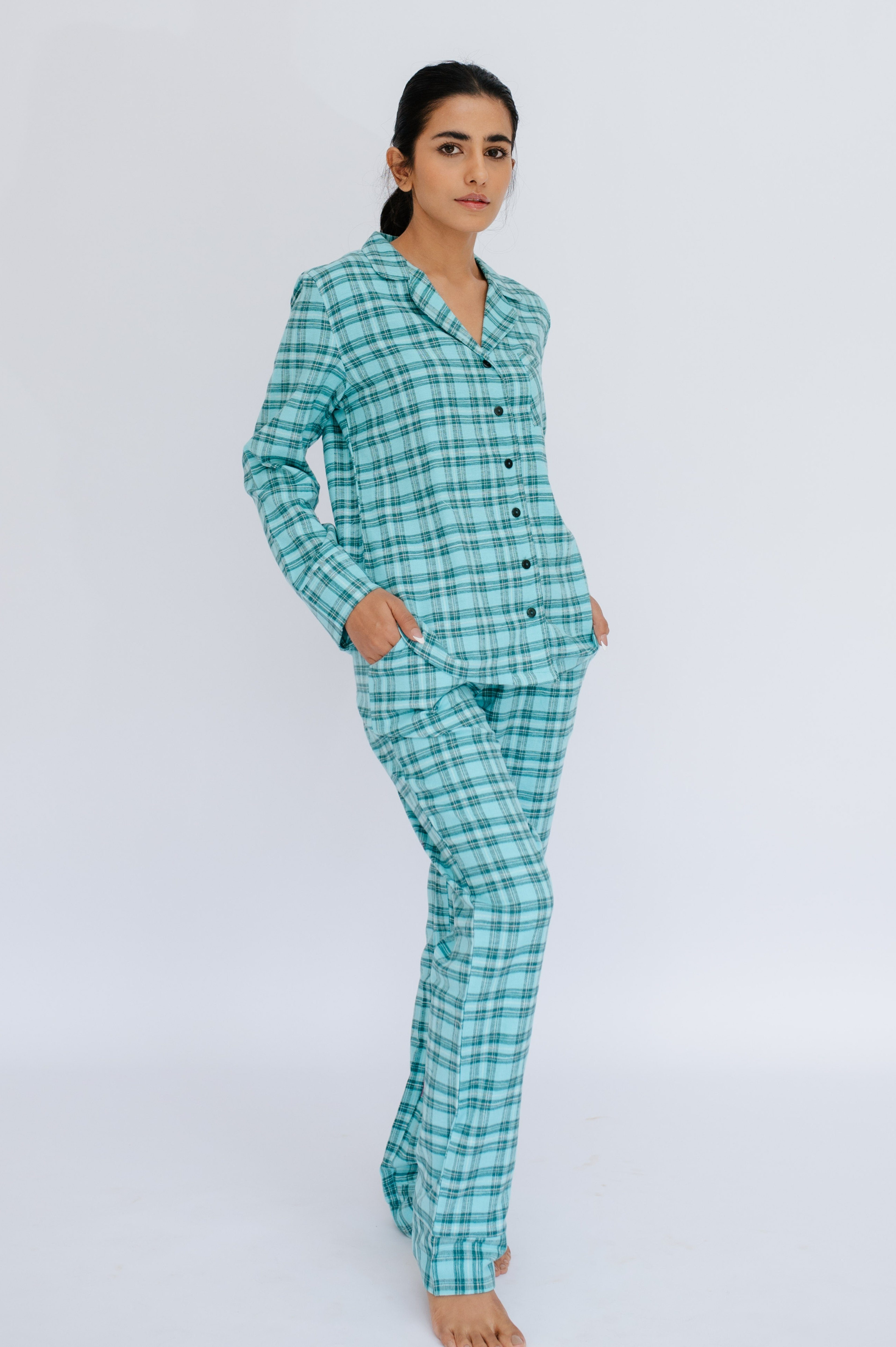 SNOOZE OFF Pyjama Schlafanzug aus Flanell in türkisem Karomuster (2 tlg., 1 günstig online kaufen