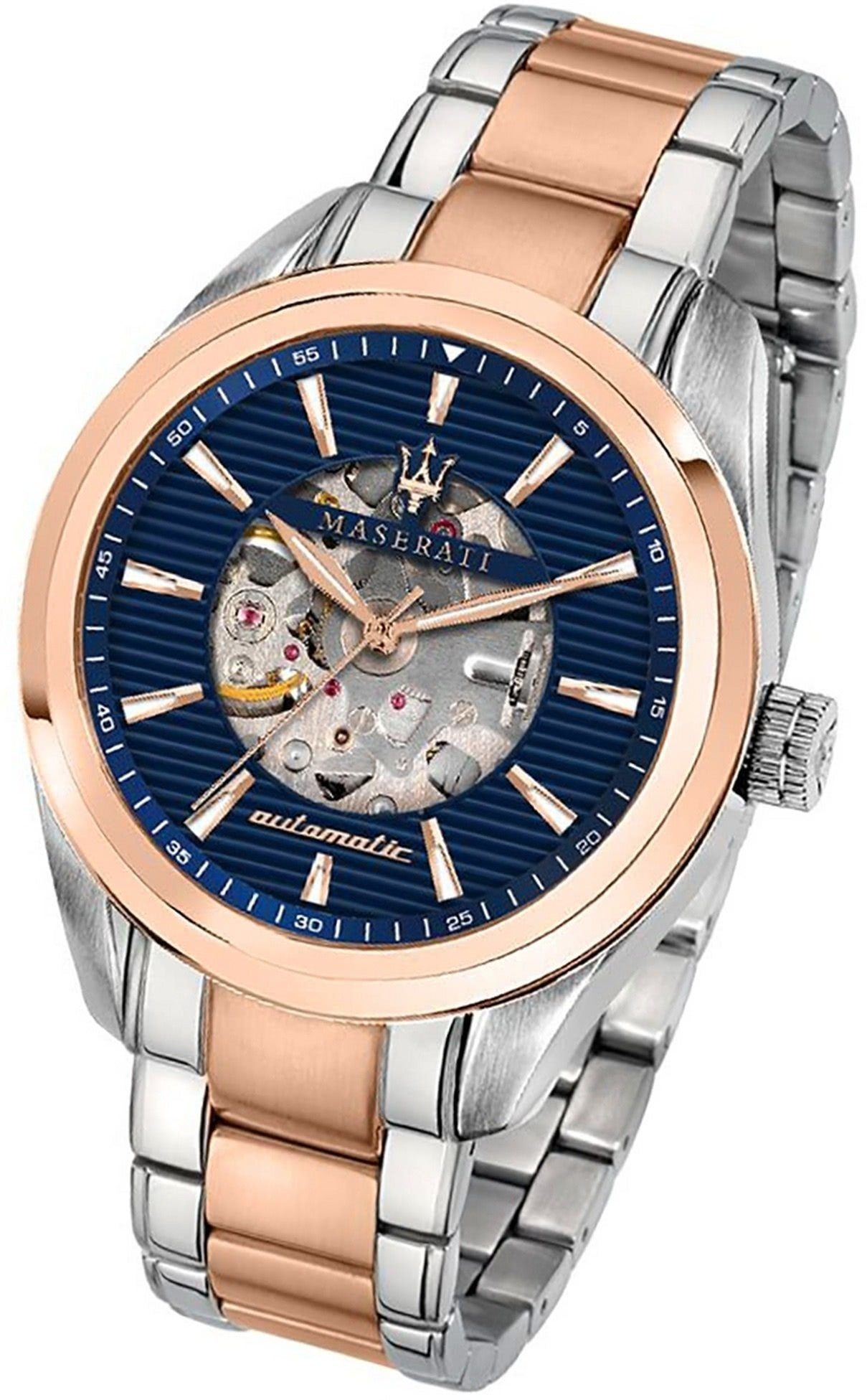 MASERATI Quarzuhr Maserati Edelstahl Armbanduhr, Herrenuhr Edelstahlarmband, rundes Gehäuse, groß (ca. 45mm) blau