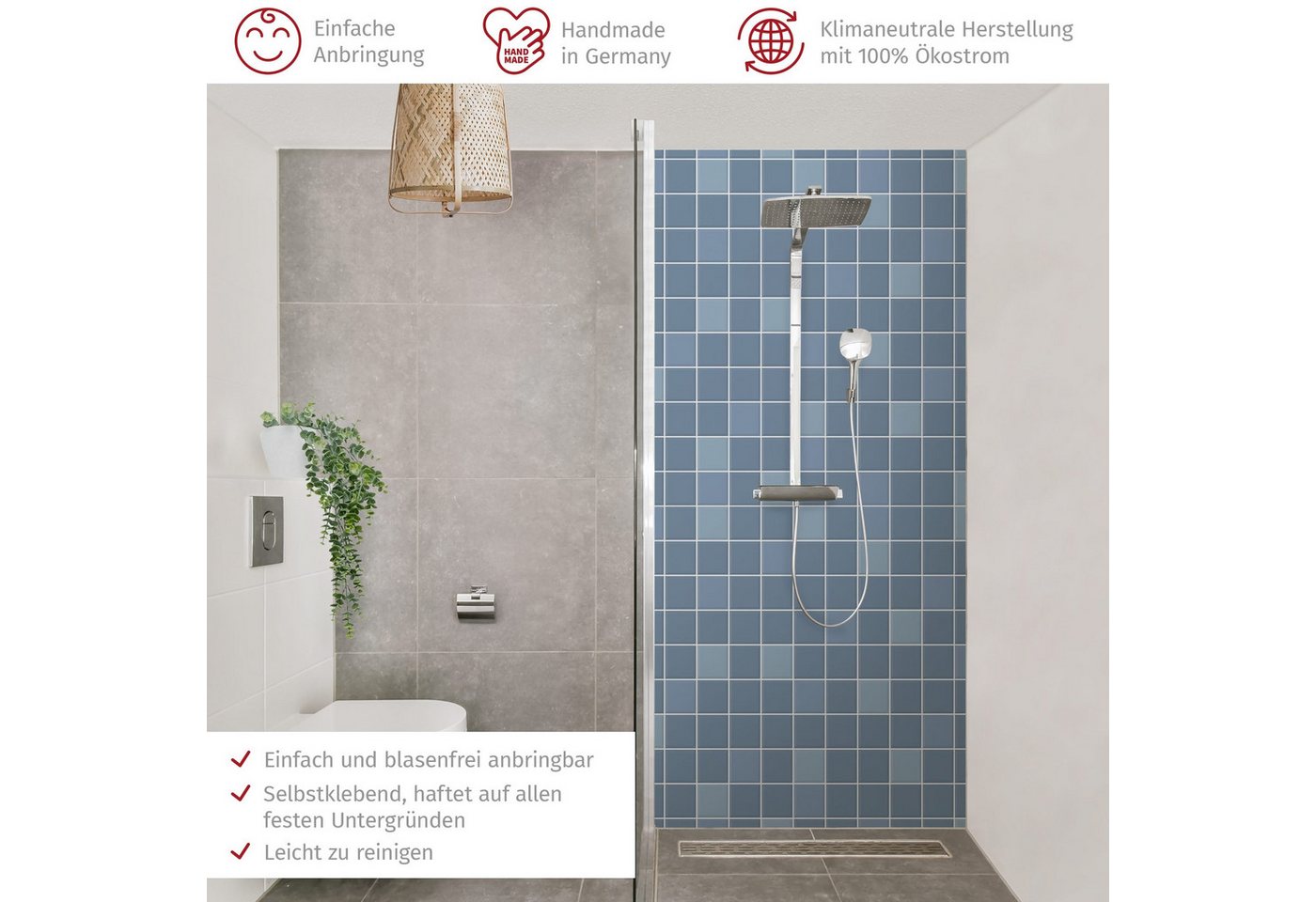 Thumbnail - Bilderdepot24 Badrückwand Mosaik blau Badrückwand ohne Bohren Dusche Fliesenoptik, (1-tlg., Hart-Folie Smart matt 0,35 m...