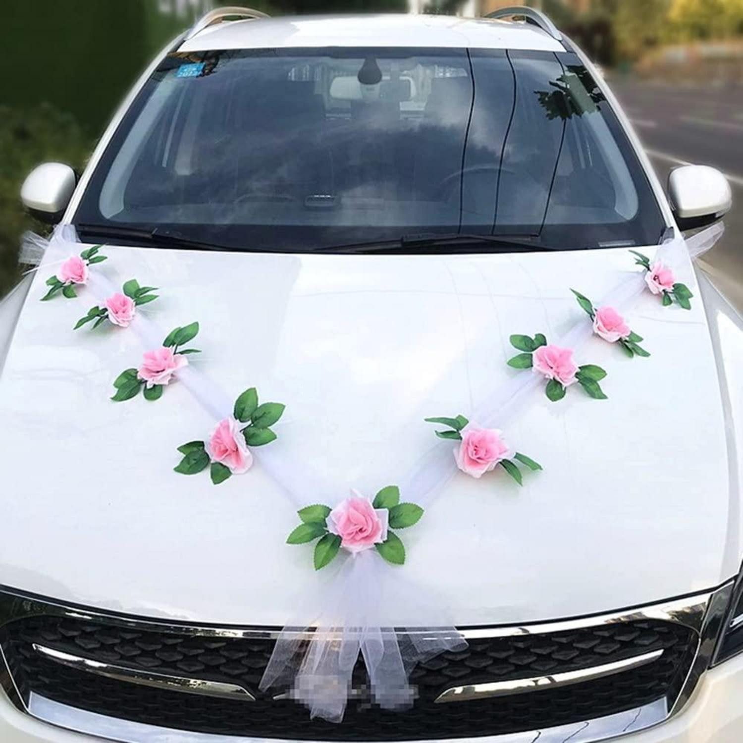 Kunstgirlande Hochzeitsauto Deko Set Rosa Tüll & Kunstblumen, LuxusKollektion, Höhe 5 cm