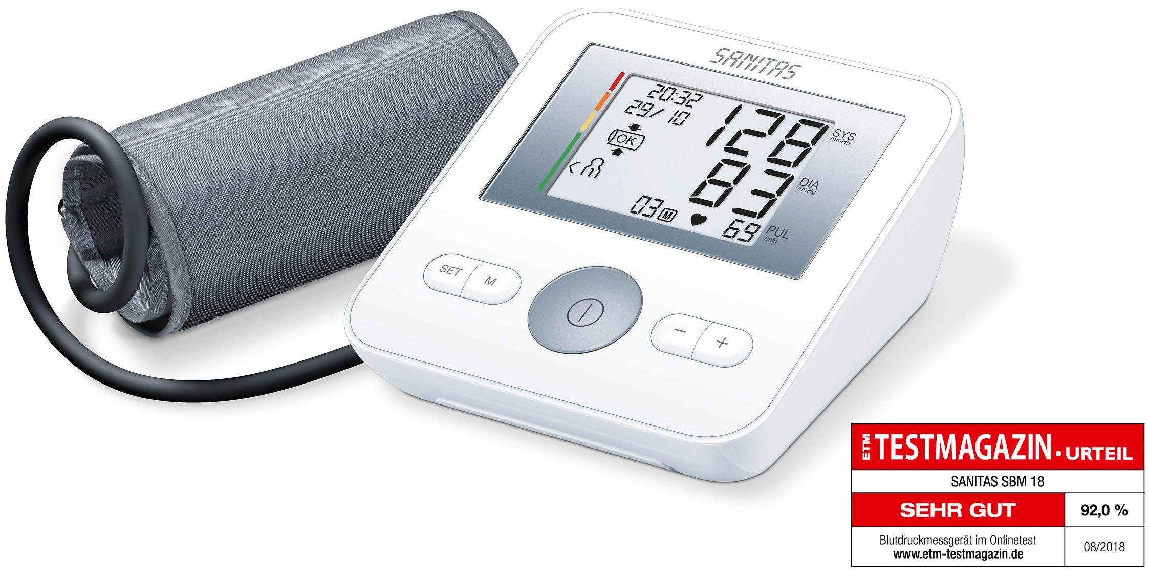 Sanitas Oberarm-Blutdruckmessgerät SBM 18, Vollautomatische Blutdruck- und  Pulsmessung am Oberarm, Anzeige der Werte auf gut lesbarem Display und  inklusive 4 x 30 Speicherplätzen