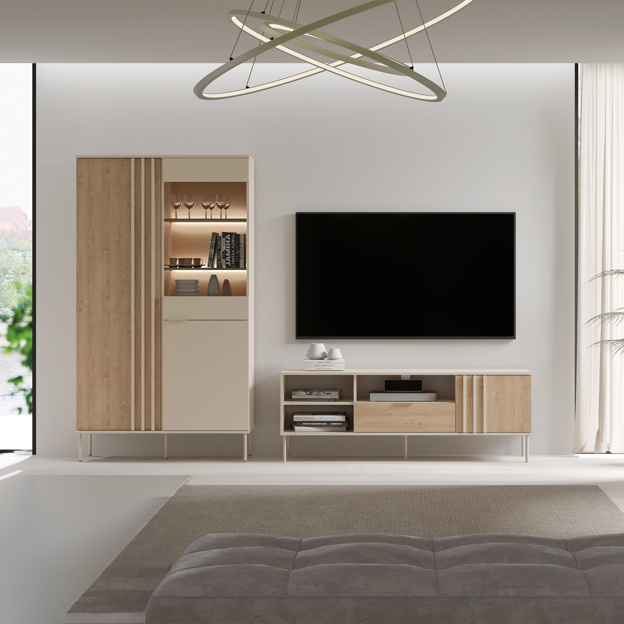 Lomadox Wohnzimmer-Set RENNES-166, (Mega-Spar-Set, 2-St., Vitrinenschrank Lowboard), Eiche mit Kaschmir, LED-Beleuchtung, fühlbare Lamellen, viel Stauraum