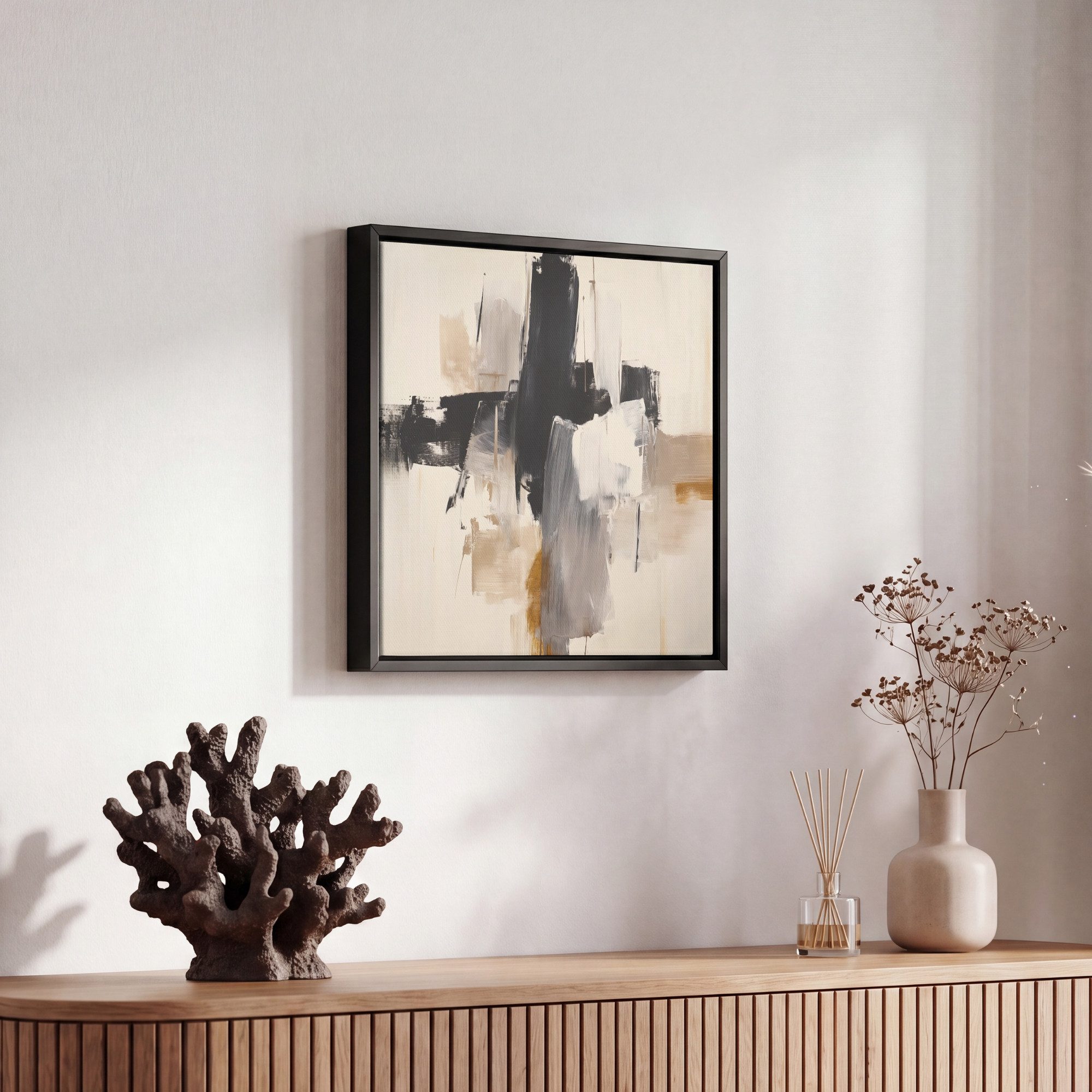 OneMillionCanvasses® Leinwandbild mit Rahmen - Pinselstriche - Grob - Abstrakt - Beige, Fotodruck (1 St), Leinwand Bilder Klein, Wand Dekoration Aesthetic 20x20 – Bild 5 von 5