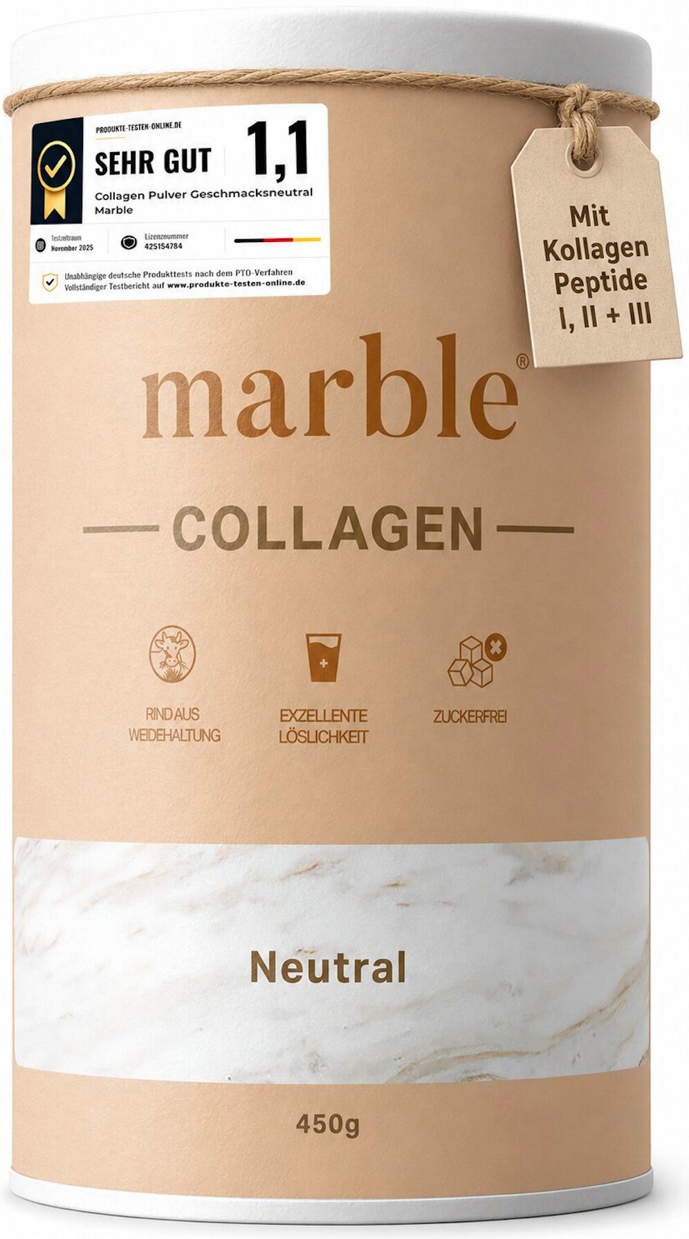 Marble Kollagen Pulver Neutral 450g – Typ I, II & III, ohne Zucker Pulver, Packung à 1 St., 450 g, Pappdose ohne Plastik
