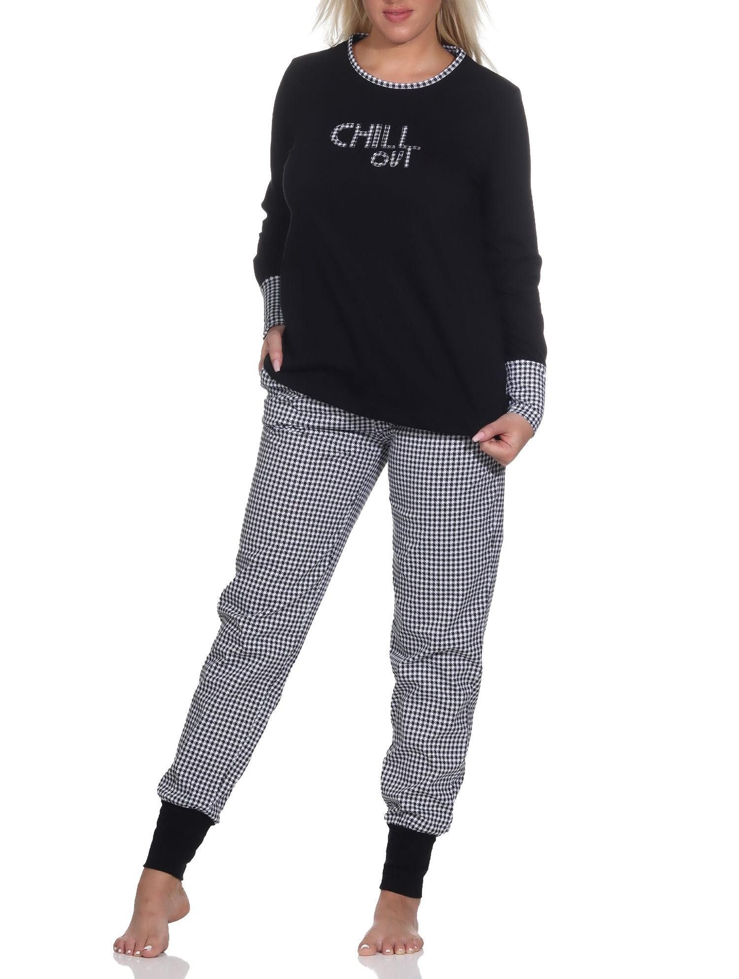 Normann Pyjama Damen Schlafanzug langarm mit Bündchen, Hose im Pepita-Look