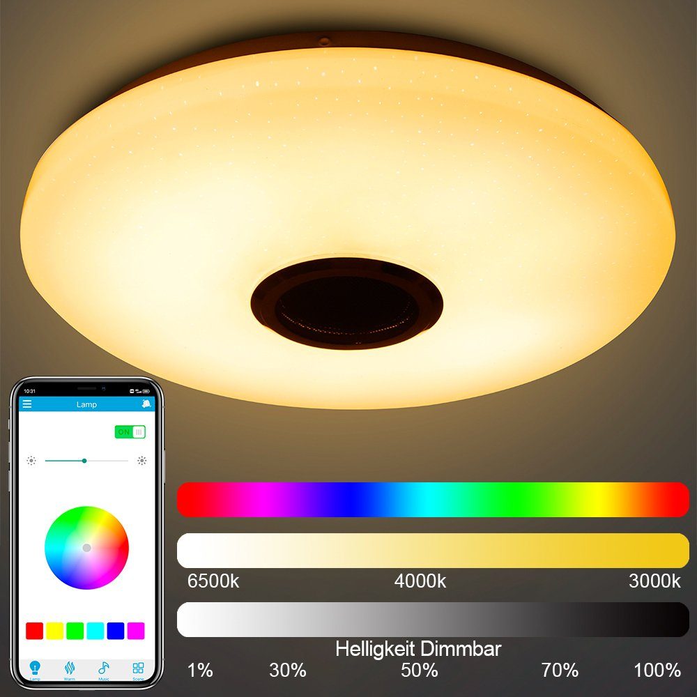 Rosnek Deko, APP/Fernbedienung, 3000-6500K+RGB, Mount Schlafzimmer Wohnzimmer Flush Deckenleuchte für Dimmbar, Bluetooth-Lautsprecher, Party