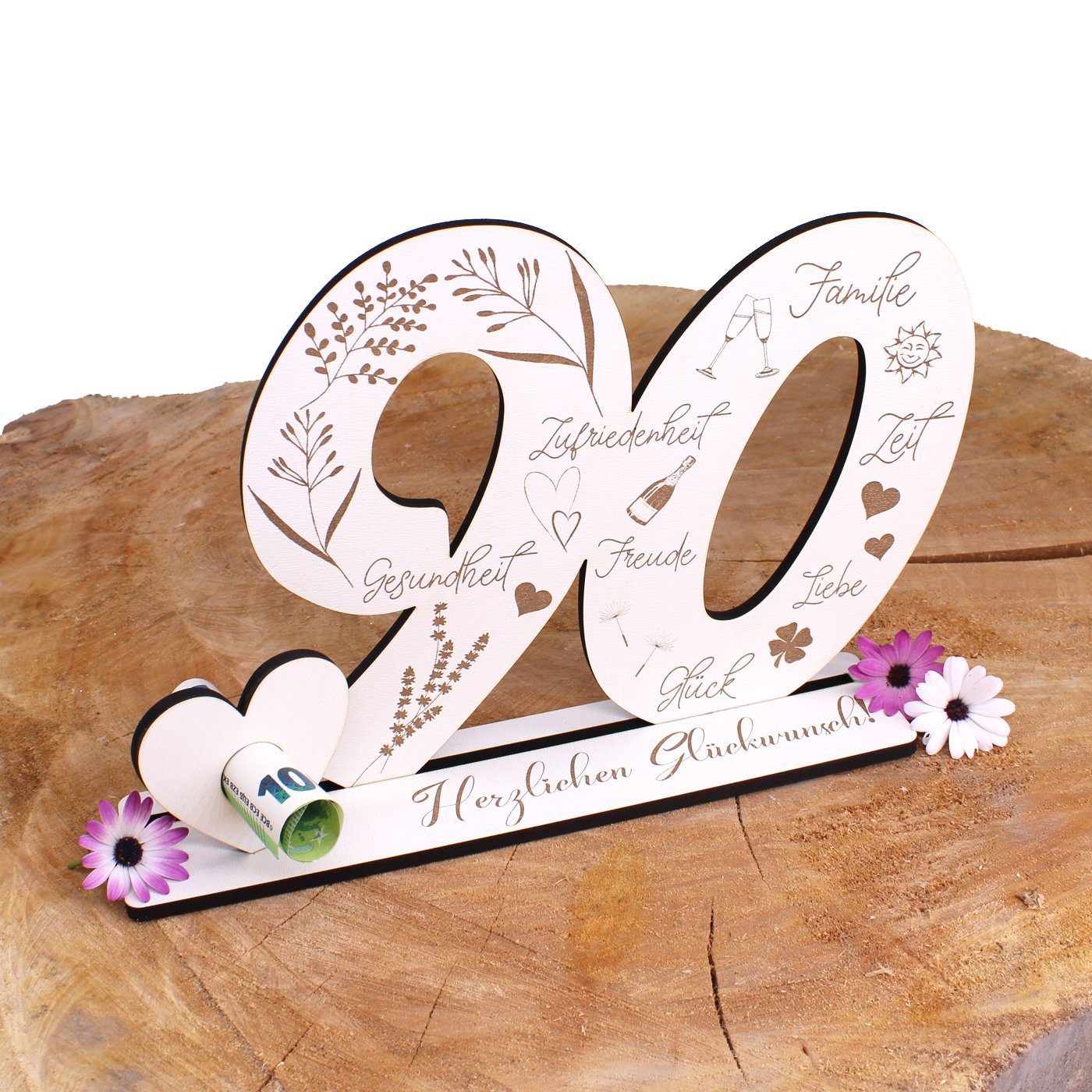 Dekolando Deko-Buchstaben Aufsteller Zahlen 90 Geburtstag Herzlichen Glückwunsch Geldgeschenk (weiß, 3tlg), 17 x 24 cm