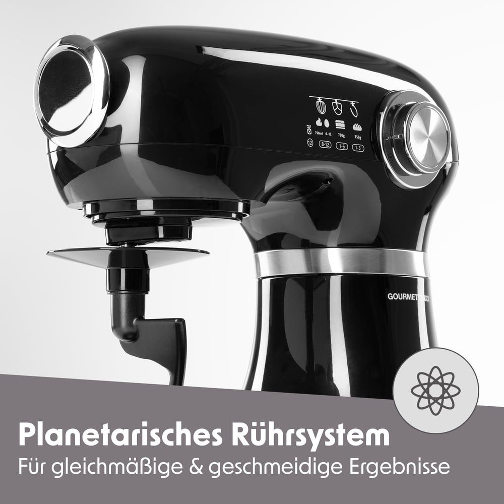 GOURMETmaxx Küchenmaschine GOURMETmaxx Küchenmaschine - Schwarz, 1000 W, inkl. Rührschüssel & Aufsätze leistungsstarker Mixer mit Schneebesen
