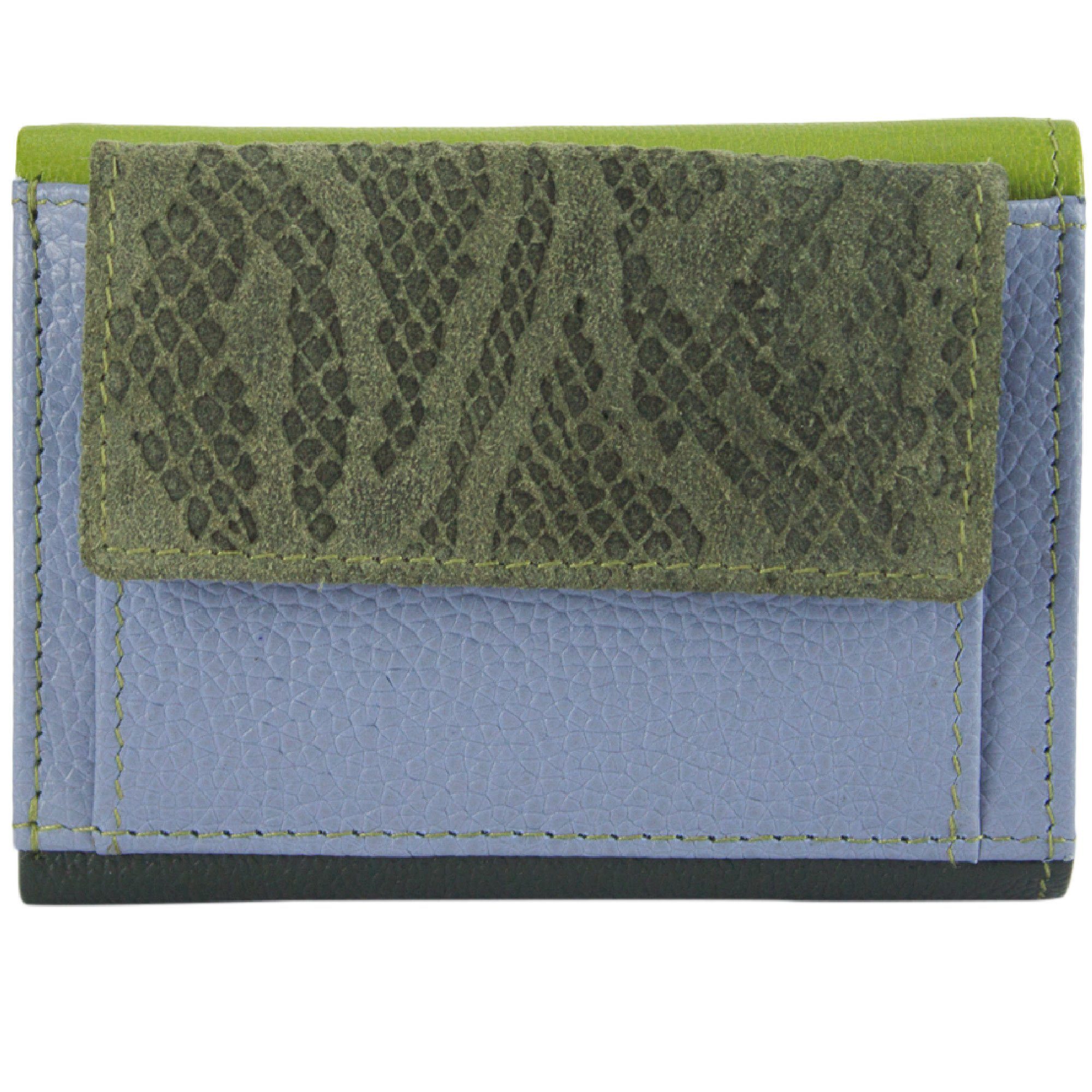 Sunsa Mini Geldbörse Mini klein Leder Geldbörse Geldbeutel Portemonnaie Brieftasche, echt Leder, aus recycelten Lederresten, mit RFID-Schutz, Unisex Khakigrün/hell blau/kiwi grün