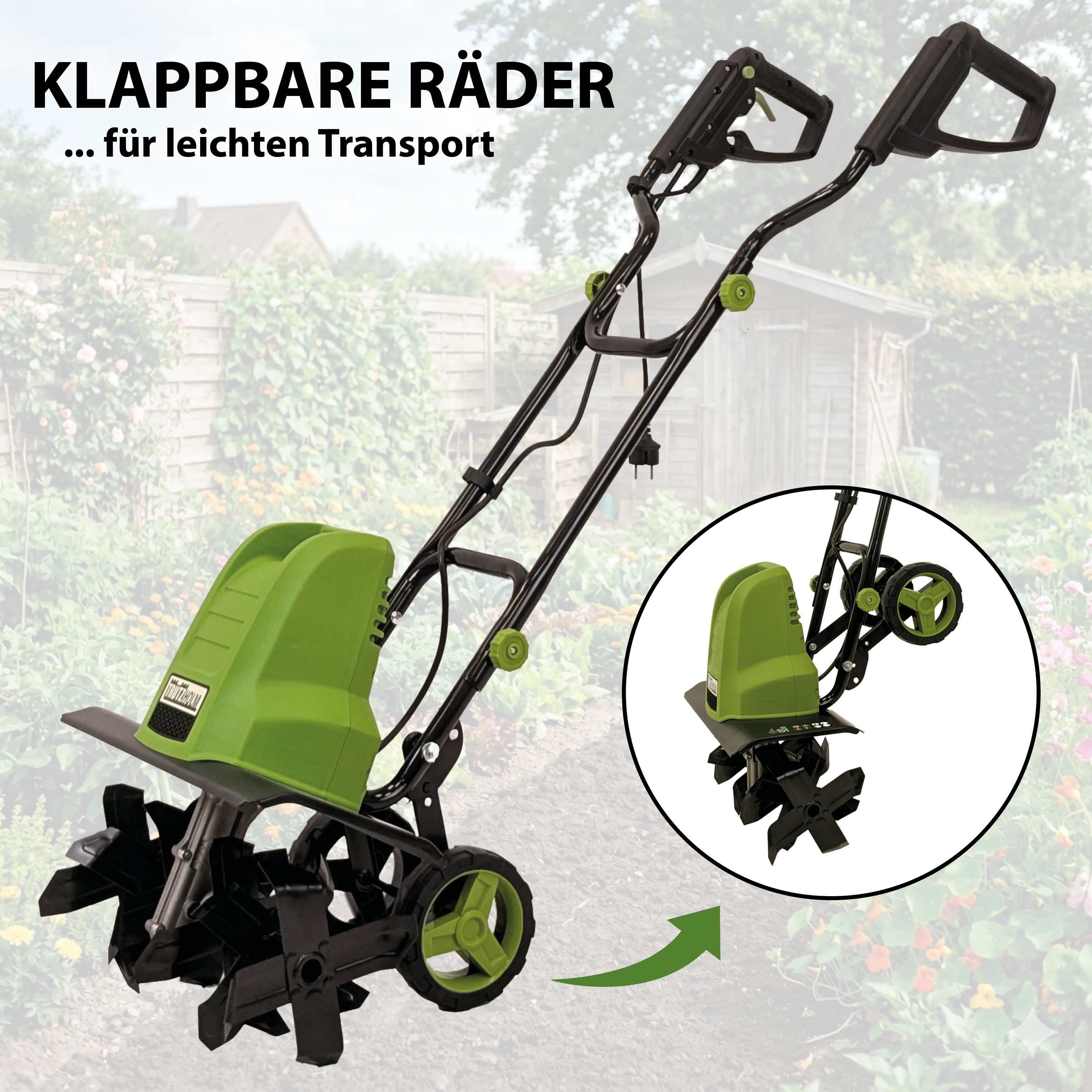 TRUTZHOLM Gartenhacke Motorhacke 24 Hackmesser 1500W Bodenhacke Transporträder klappbar, 45 cm Arbeitsbreite, Artikel, 1 St., Ergonimisches Design