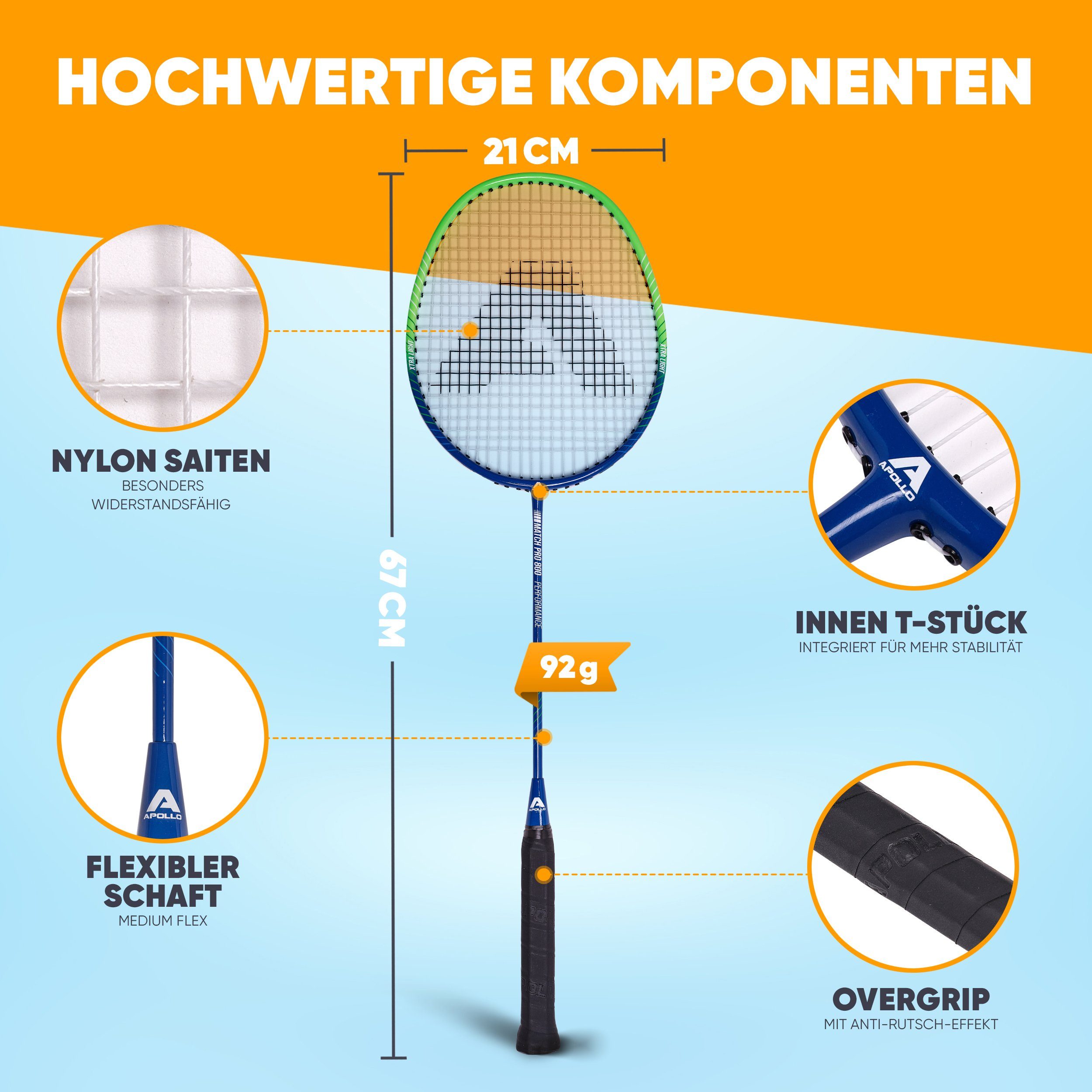 Apollo Badmintonschläger Badminton Set Badminton Match Pro 800, (Set, inkl. 2 Bällen und Tragetasche), inkl. 2 Bällen und Tragetasche