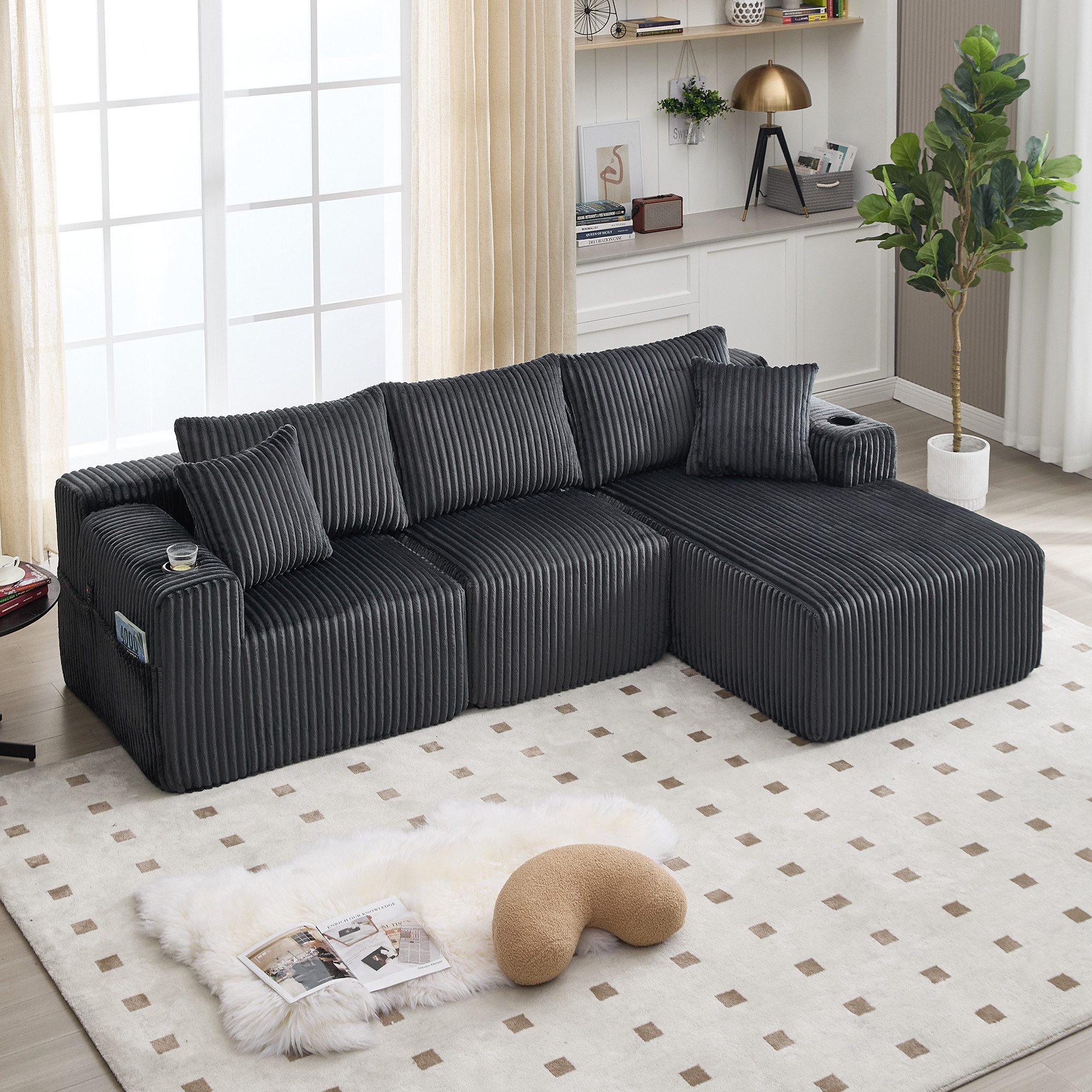 KLAM HOME Sofa Modulares Sofa Set mit Chaiselongue & 2-Sitzer, weicher Cordbezug, mit 5 Kissen, seitliche Taschen & Getränkehalter, DIY-Kombination, Ideal für Wohnzimmer, Apartment & Studio