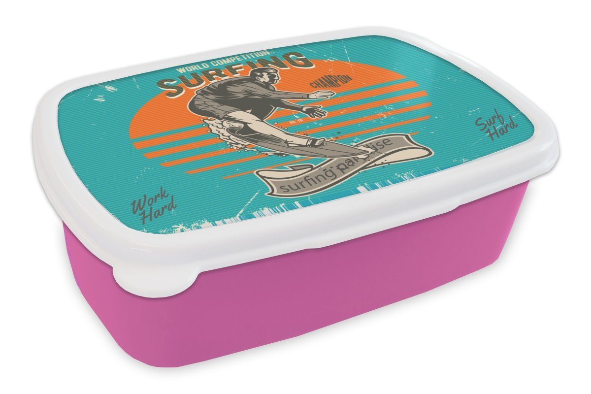 MuchoWow Lunchbox Vintage - Surfen - Surfbrett, Kunststoff, (2-tlg), Brotbox für Erwachsene, Brotdose Kinder, Snackbox, Mädchen, Kunststoff rosa