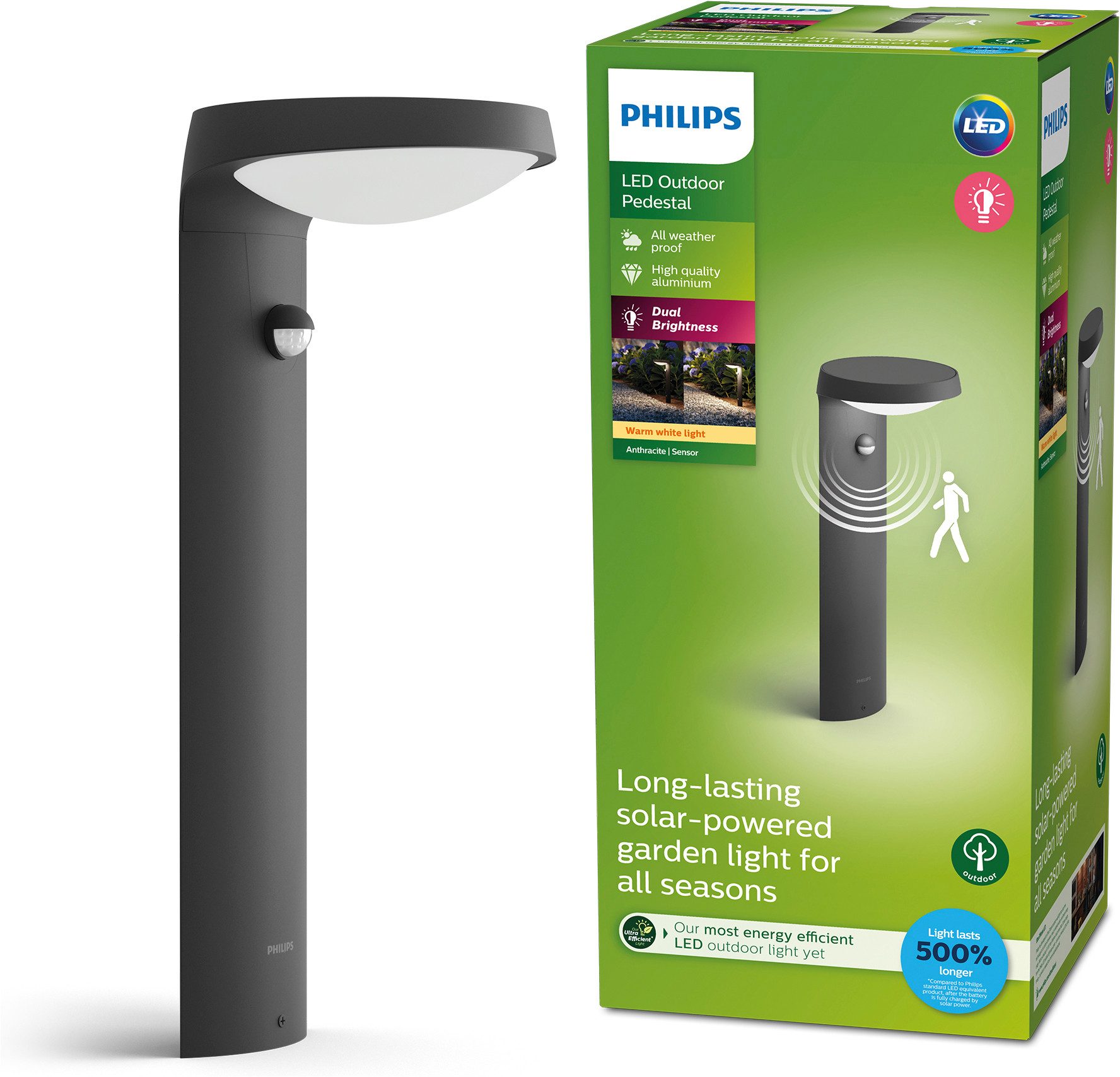 Philips LED Solarleuchte Outdoor Ultra Efficient Tyla, 1.2W, 3000 Kelvin, anthrazit, Abschaltautomatik, Bewegungsmelder, Dimmfunktion, Leuchtdauer einstellbar, Memoryfunktion, Nachtlichtfunktion, Tageslichtsensor, Timerfunktion, mehrere Helligkeitsstufen, LED fest integriert, Warmweiß