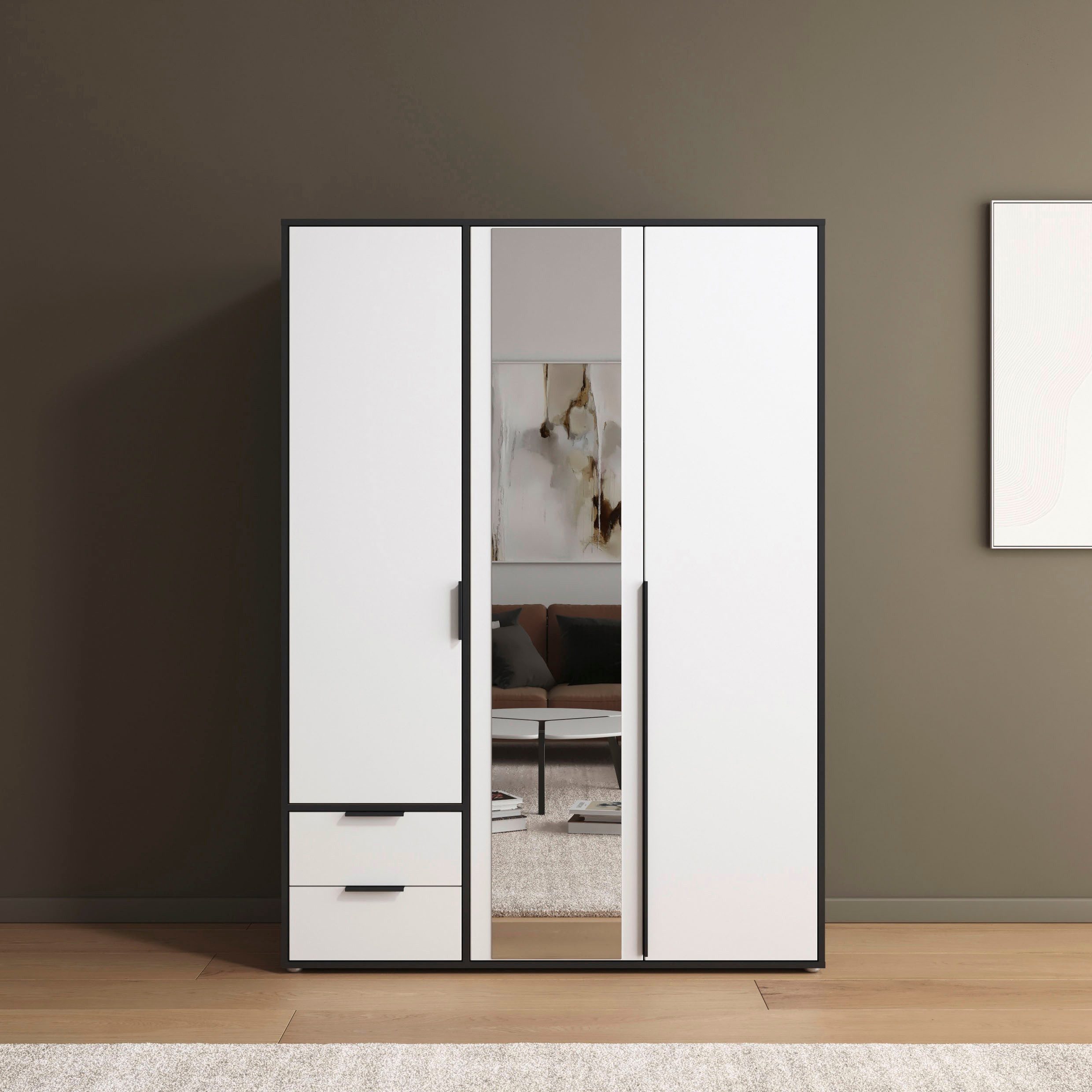 rauch Drehtürenschrank Kleiderschrank Schrank Garderobe Wäscheschrank NAGATA mit Spiegel (in 3 verschiedenen Ausstattungen BASIC/CLASSIC/PREMIUM) und Schubladen sowie Stangengriffen TOPSELLER MADE IN GERMANY