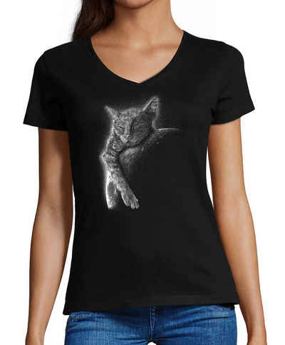 MyDesign24 T-Shirt Damen Katzen Print Shirt bedruckt - Schlafende Katze am Mond V-Ausschnitt Baumwollshirt mit Aufdruck, Slim Fit, i123