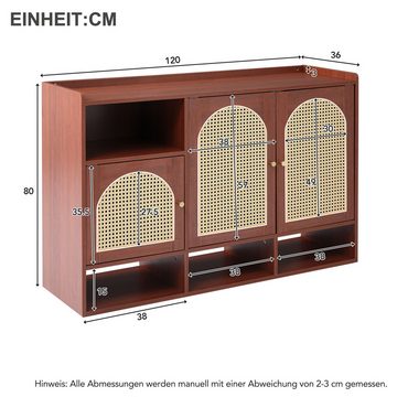 IDEASY Fächerschrank Sideboard aus Walnuss-Rattan, 3 gewölbte Rattantüren, (2 verstellbare Einlegeböden, abgerundete Kanten) 4 offene Ablagefächer, 120 x 36 x 80 cm