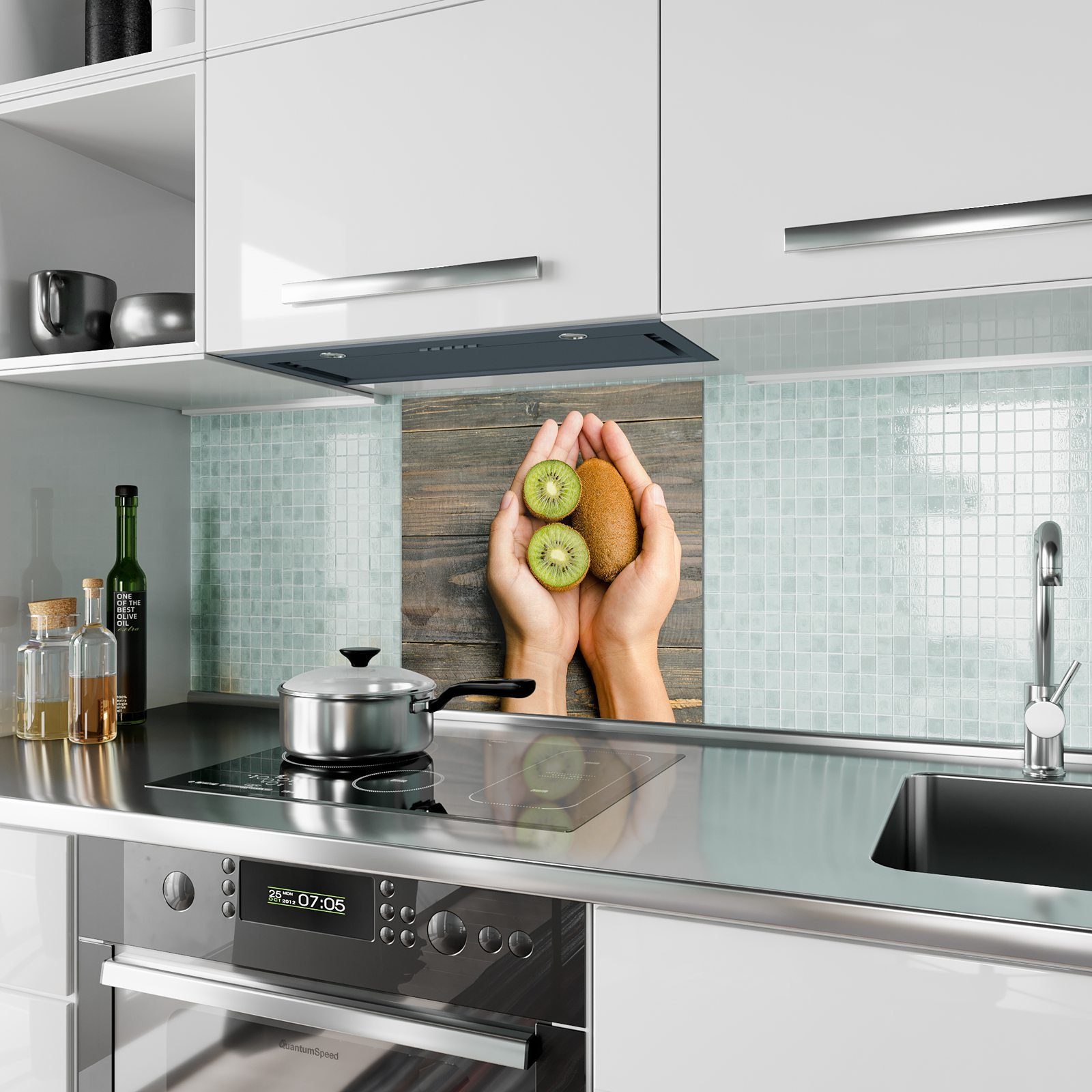Primedeco Küchenrückwand Küchenrückwand Motiv auf Glas Kiwi Hand Spritzschutz mit
