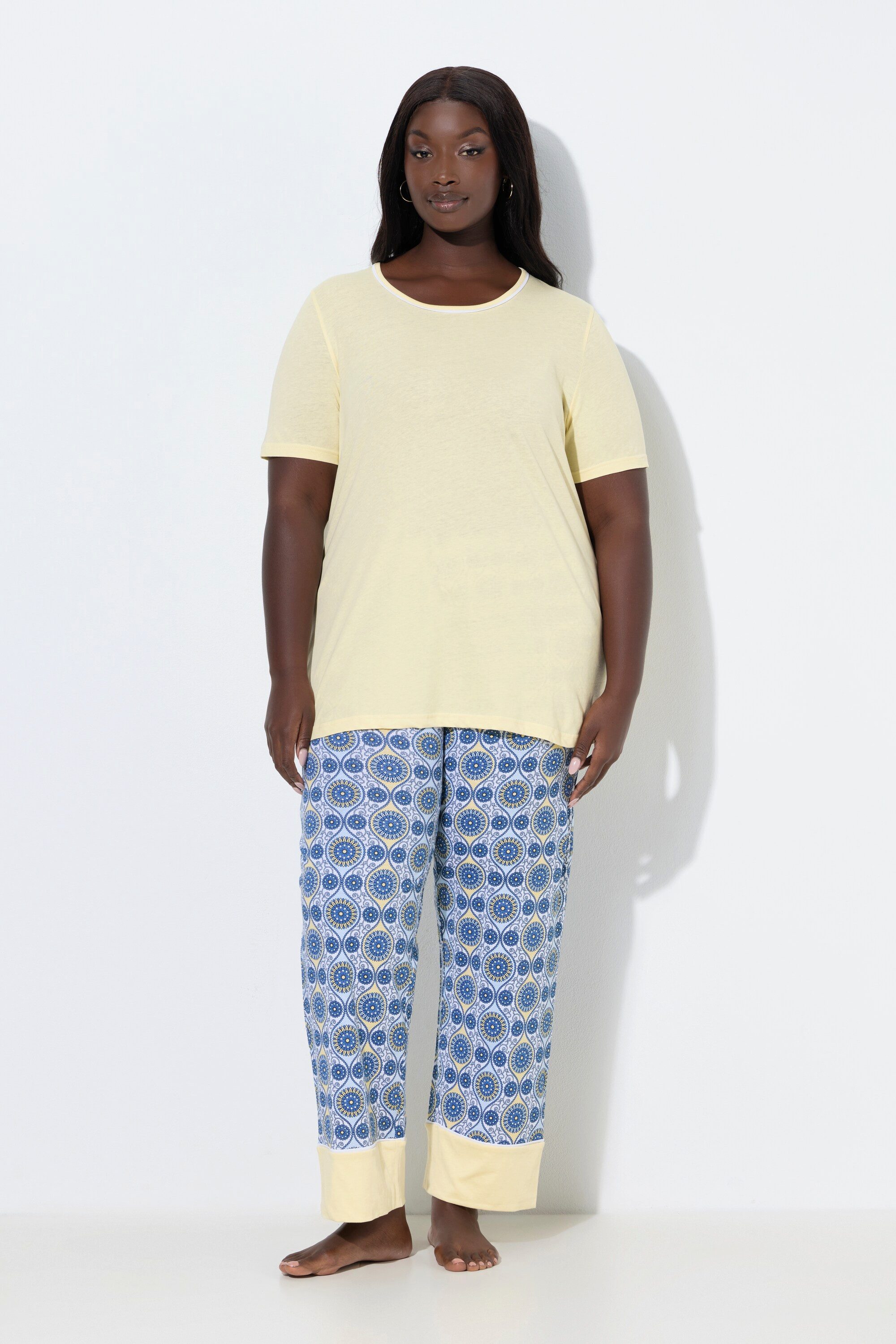 Ulla Popken Pyjama Pyjama 3er-Set grafisches Muster Rundhals Halbarm