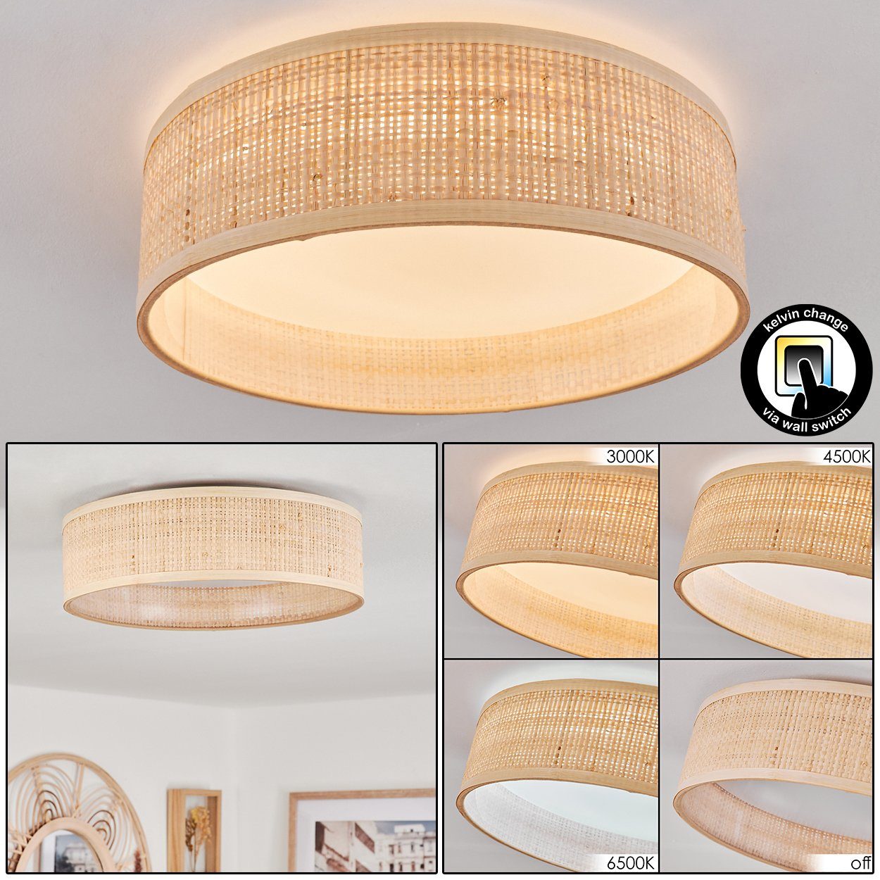 hofstein Deckenleuchte dimmbare Deckenlampe aus Rattan/Kunststoff günstig online kaufen