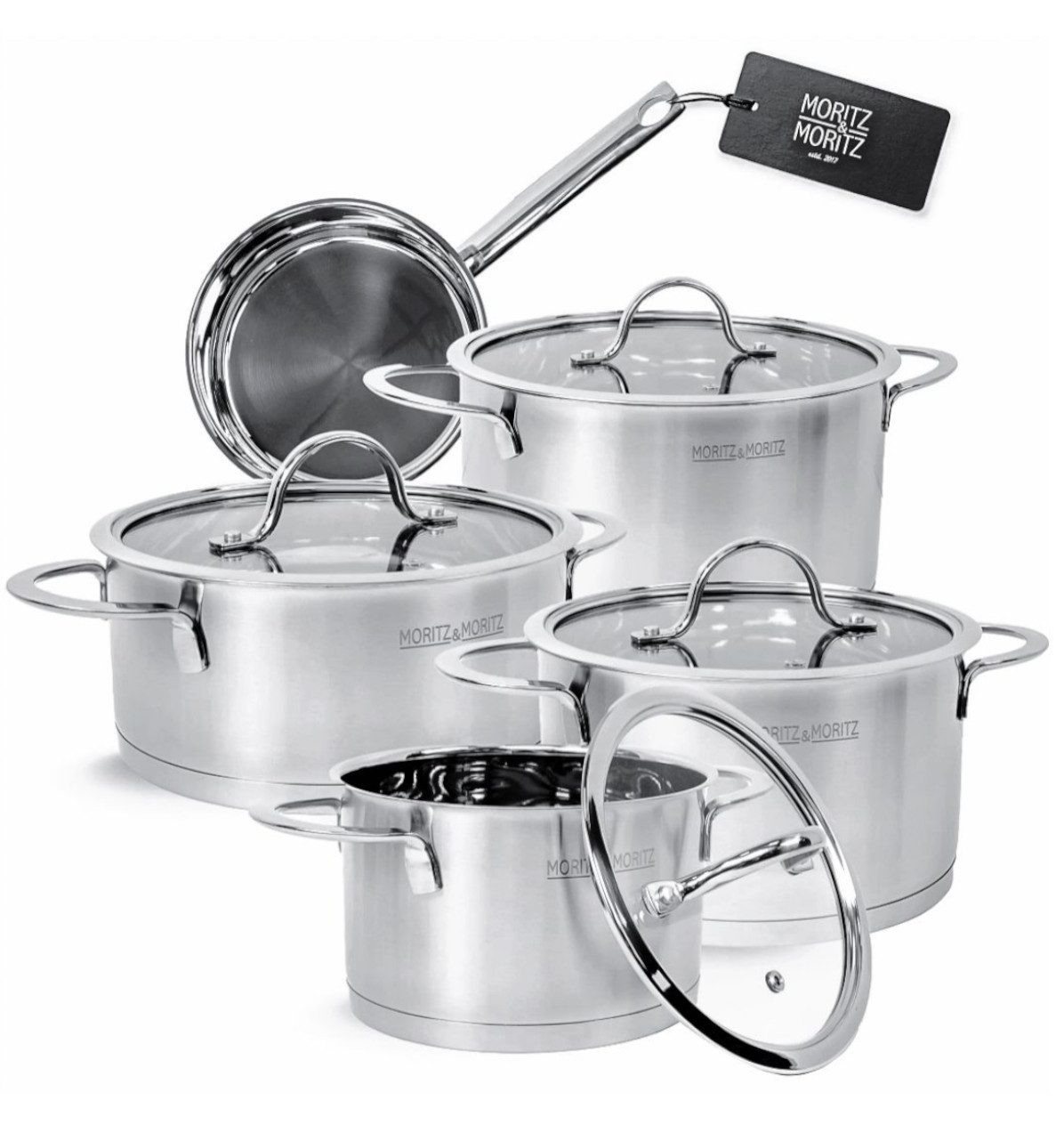 Moritz & Moritz Topf-Set Edelstahl Kochtopfset 9-teilig, 5 Kochtöpfe inkl. 4 Glasdeckel, Edelstahl (Set, 9-tlg., Set), für alle Herdarten