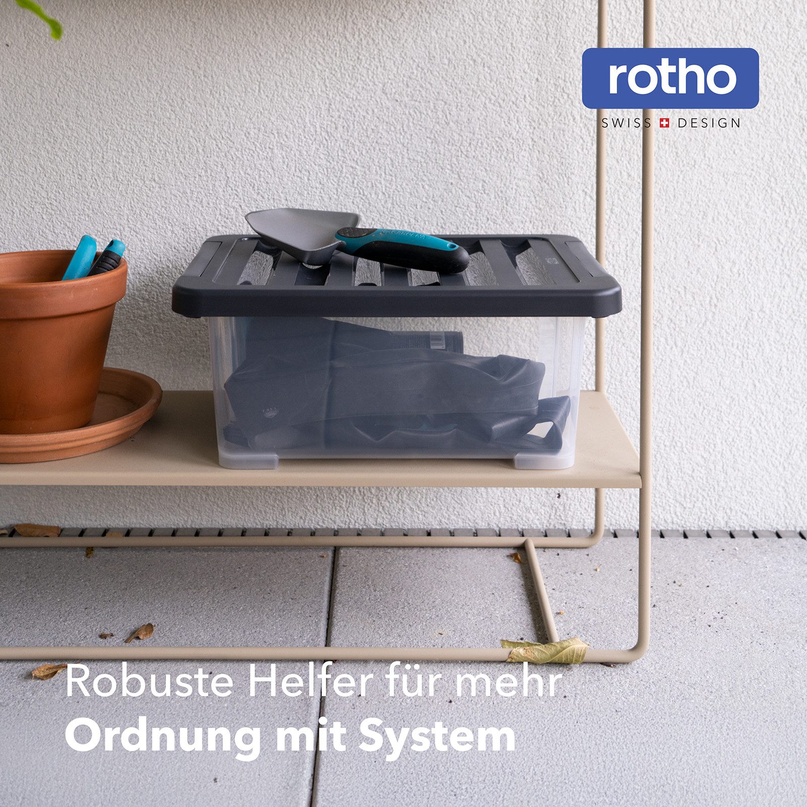 ROTHO Stapelbox 4er-Set CORE PLUS 11 L stapelbare Box mit Deckel (Lagerboxen-Set, 4er-Set), Sortierbox ideal für Büroartikel, Spielzeug und Haushaltszubehör