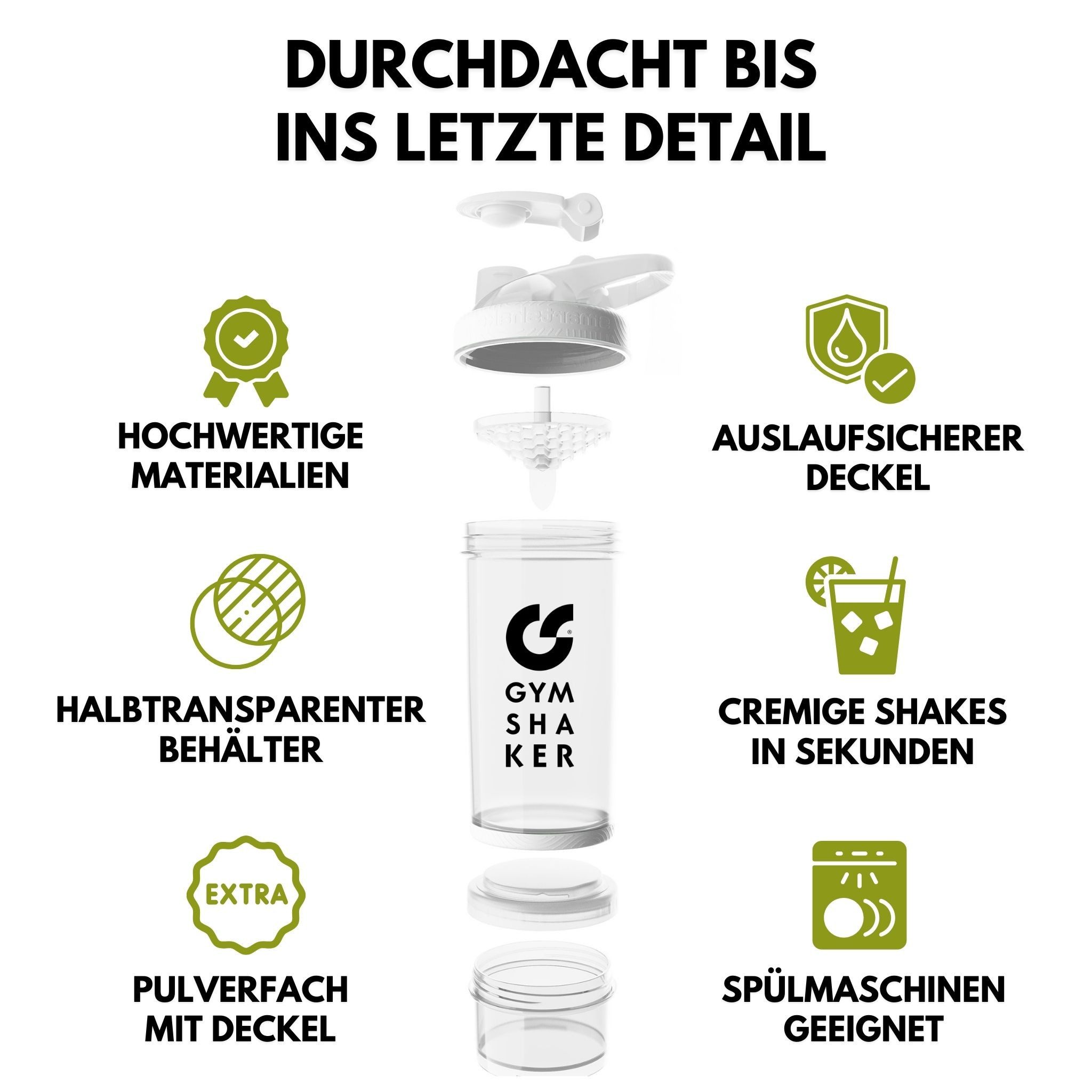 GYMSHAKER Protein Shaker mit Pulverfach 2er Pack Trinkflasche für Fitness, Gym & Bodybuilding, (2-tlg), spülmaschinengeeignet, auslaufsicher, separates Pulverfach mit Deckel