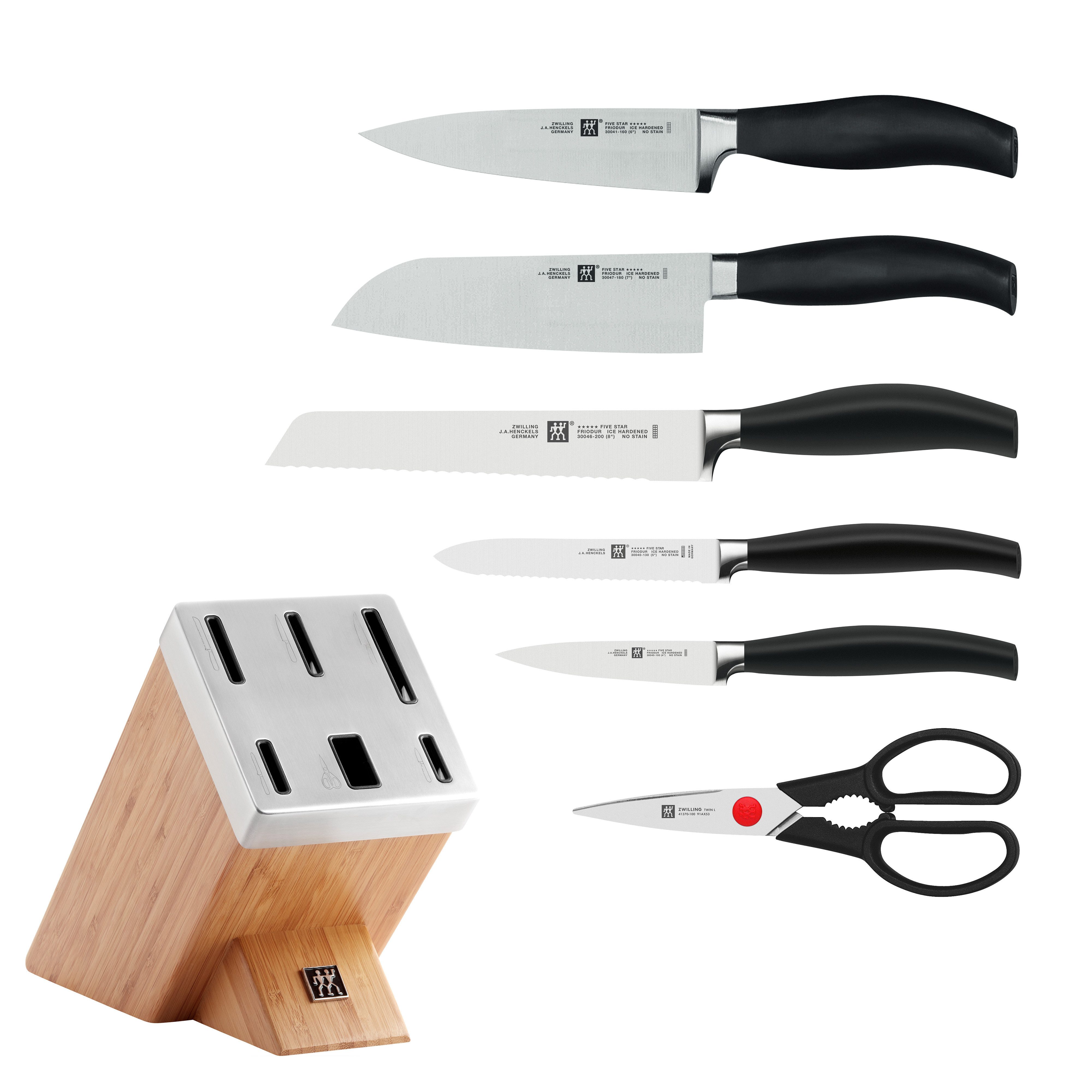 Zwilling Messerblock ***** FIVE STAR (7tlg), Selbstschärfender Messerblock, inkl. 5 Messer + Schere, Bambus