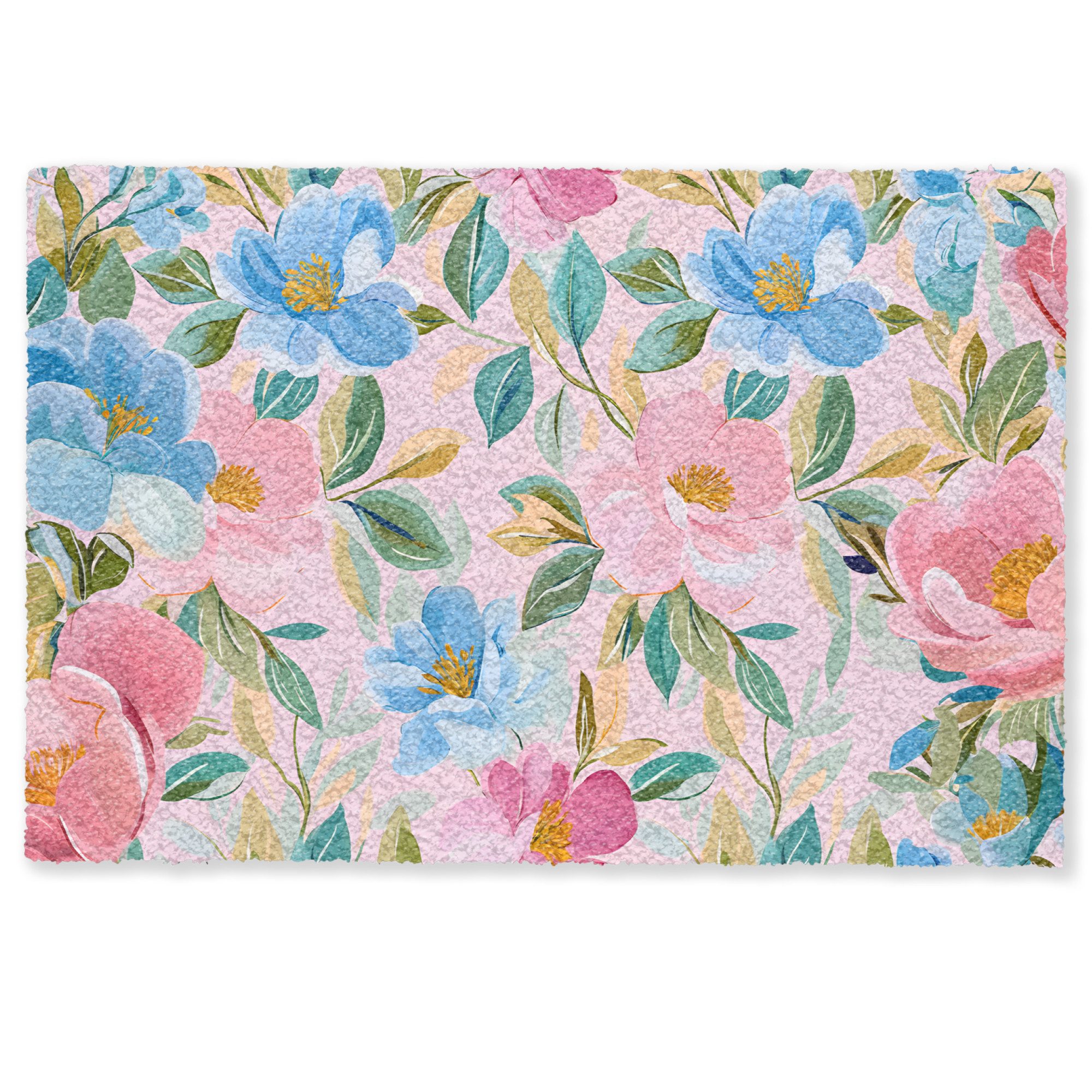 MuchoWow Fußmatte Blau - Rosa - Blumen, Rechteckig, innen Schmutzfangmatte, Tür, Schmutzfänger Flur, Teppich, 60x40 cm