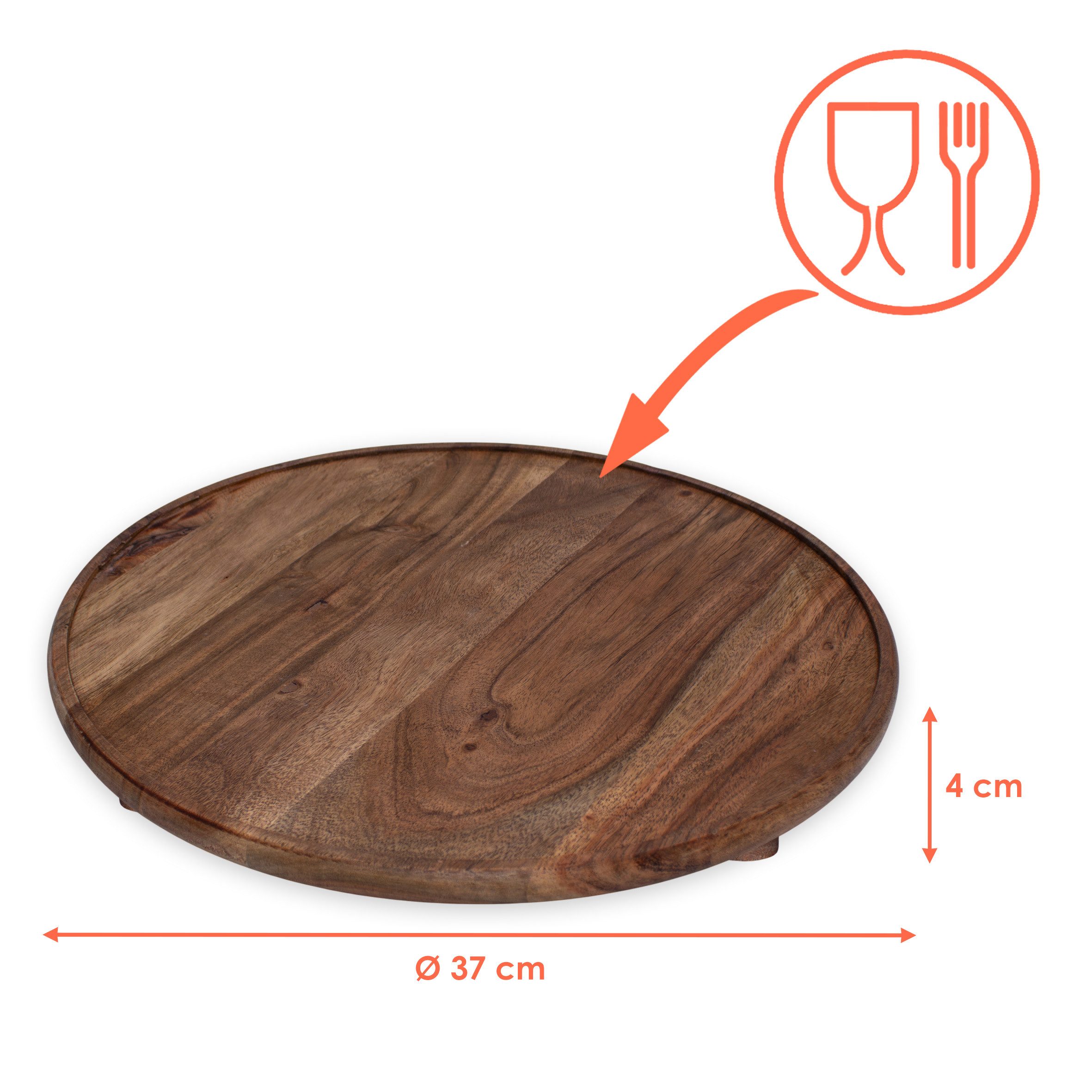 Spetebo Servierplatte Akazienholz groß lebensmittelecht - 37 cm, Akazienholz, (Stück, 1-tlg., 1), mit erhöhtem Rand