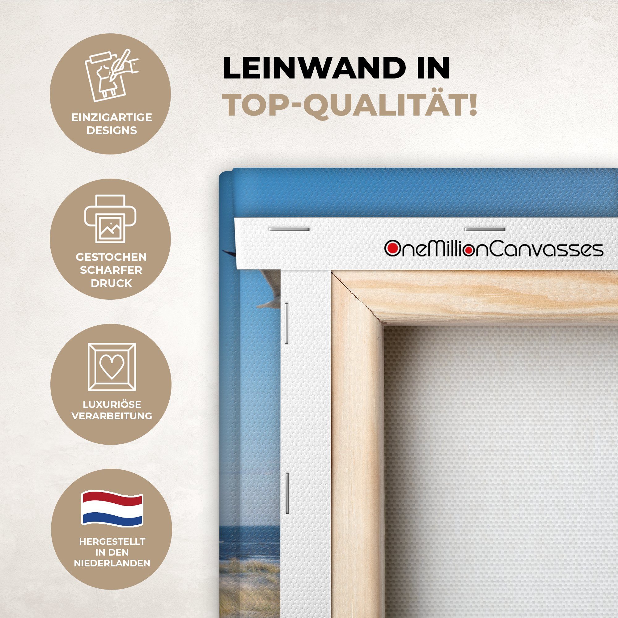 OneMillionCanvasses® Leinwandbild Düne - Möwe - Strand - Meer - Sonne, Fotodruck (1 St), Leinwand Canvas Wandbild, Wanddekoration 20x30 cm