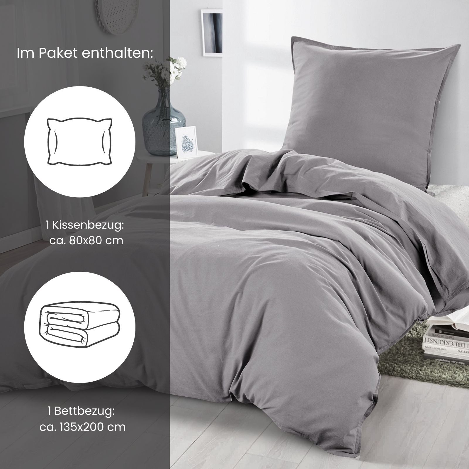 wometo Bettwäsche Stone Washed 135x200 Renforcé, Baumwolle, 2 teilig, OEKO-TEX®, 100% Baumwolle, Bettwäsche im Knitterlook mit Stehsaum – Bild 2 von 5