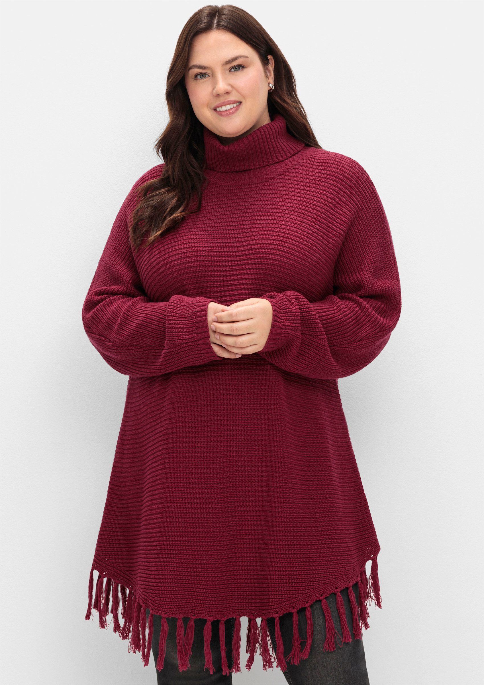 Sheego Strickpullover Strickpullover . in weiter Ponchoform mit Fransensaum günstig online kaufen