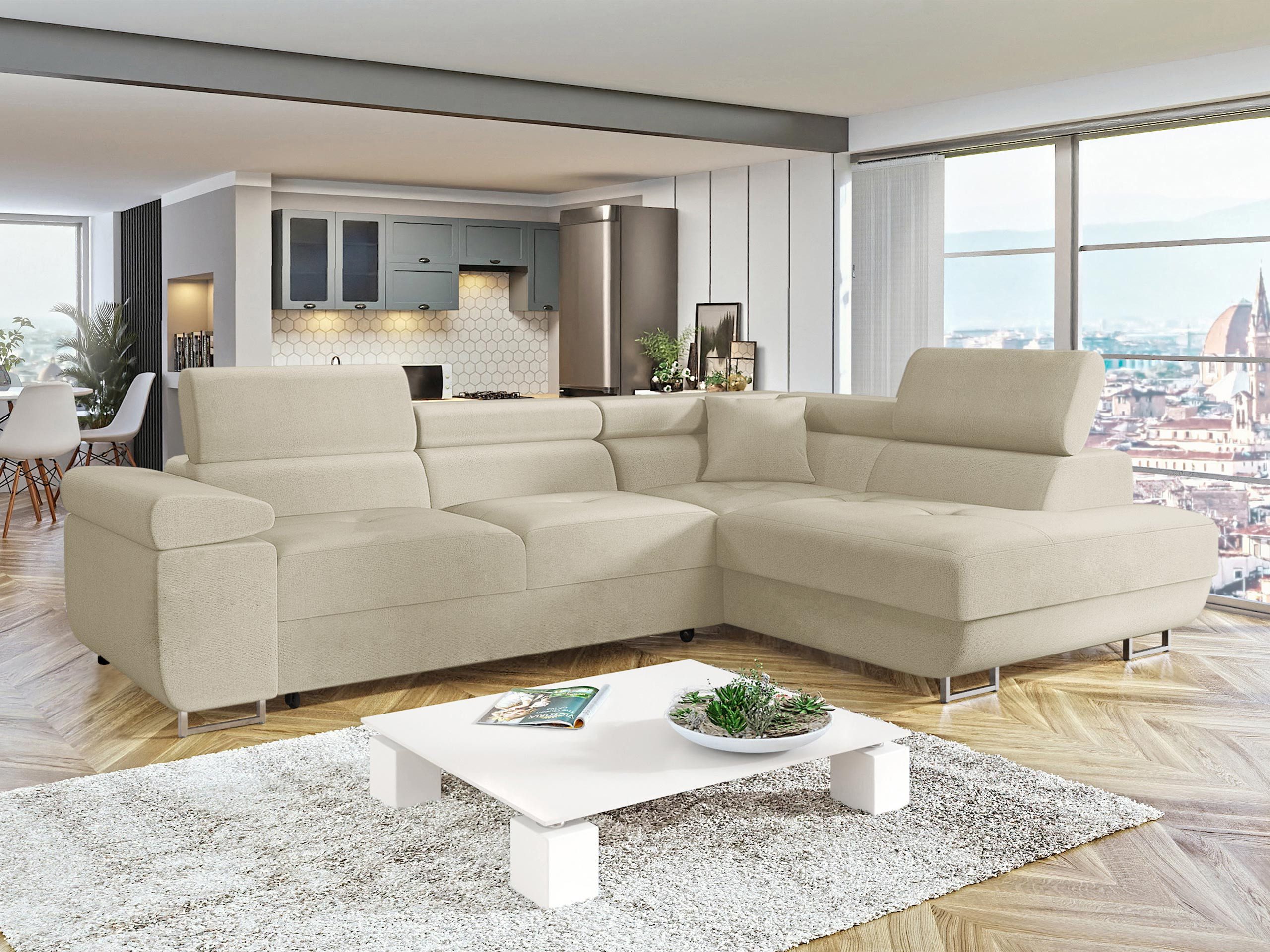 MIRJAN24 Ecksofa Torezio, mit Bettkasten und Schlaffunktion, Einstellbare Kopfstützen, 274x203x70-90 cm