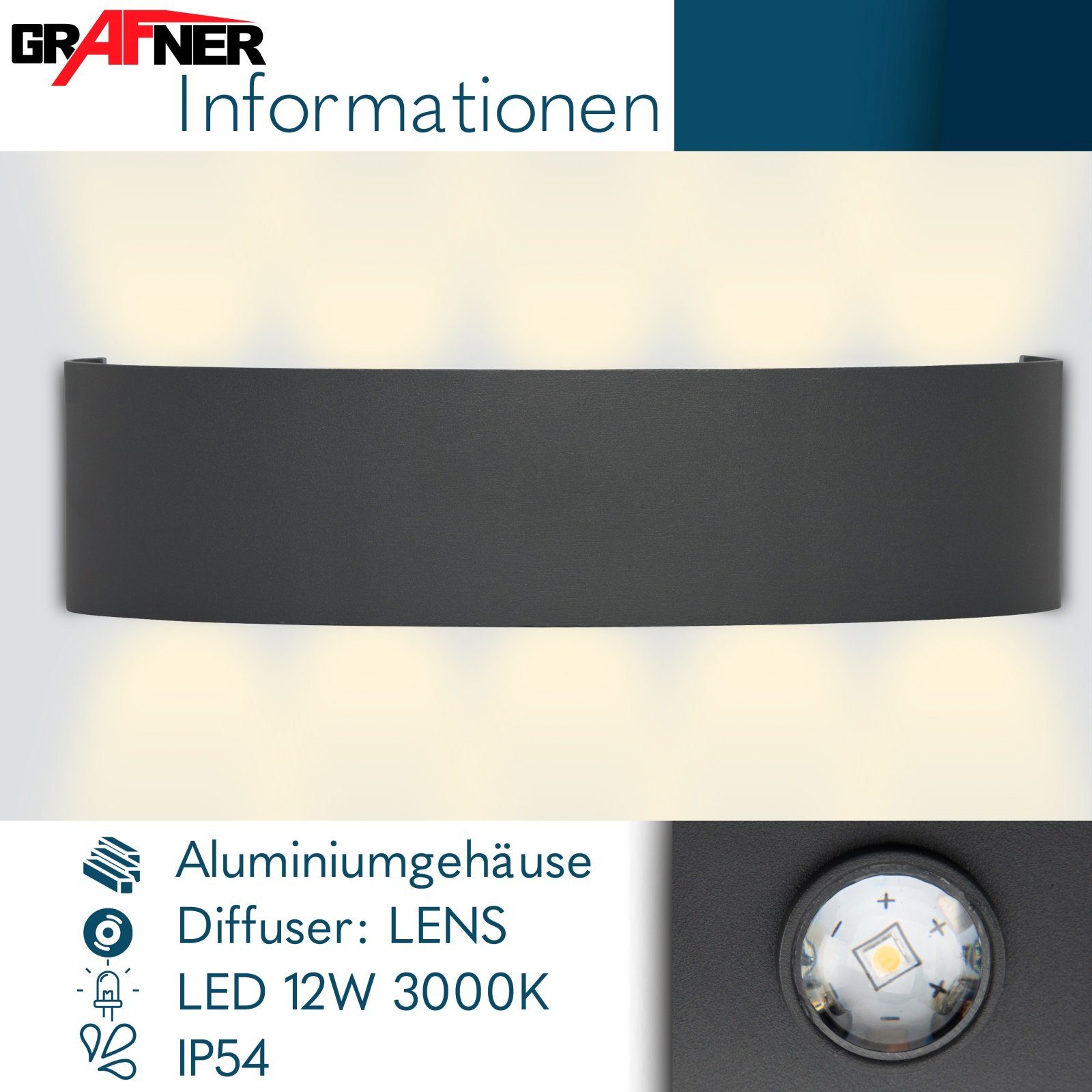 Grafner LED Außenleuchte Modern, Wandlampe integriert, fest Up Tageslichtweiß, Down Wandlampe LED LED Aluminium LED Wandleuchte Innenleuchte